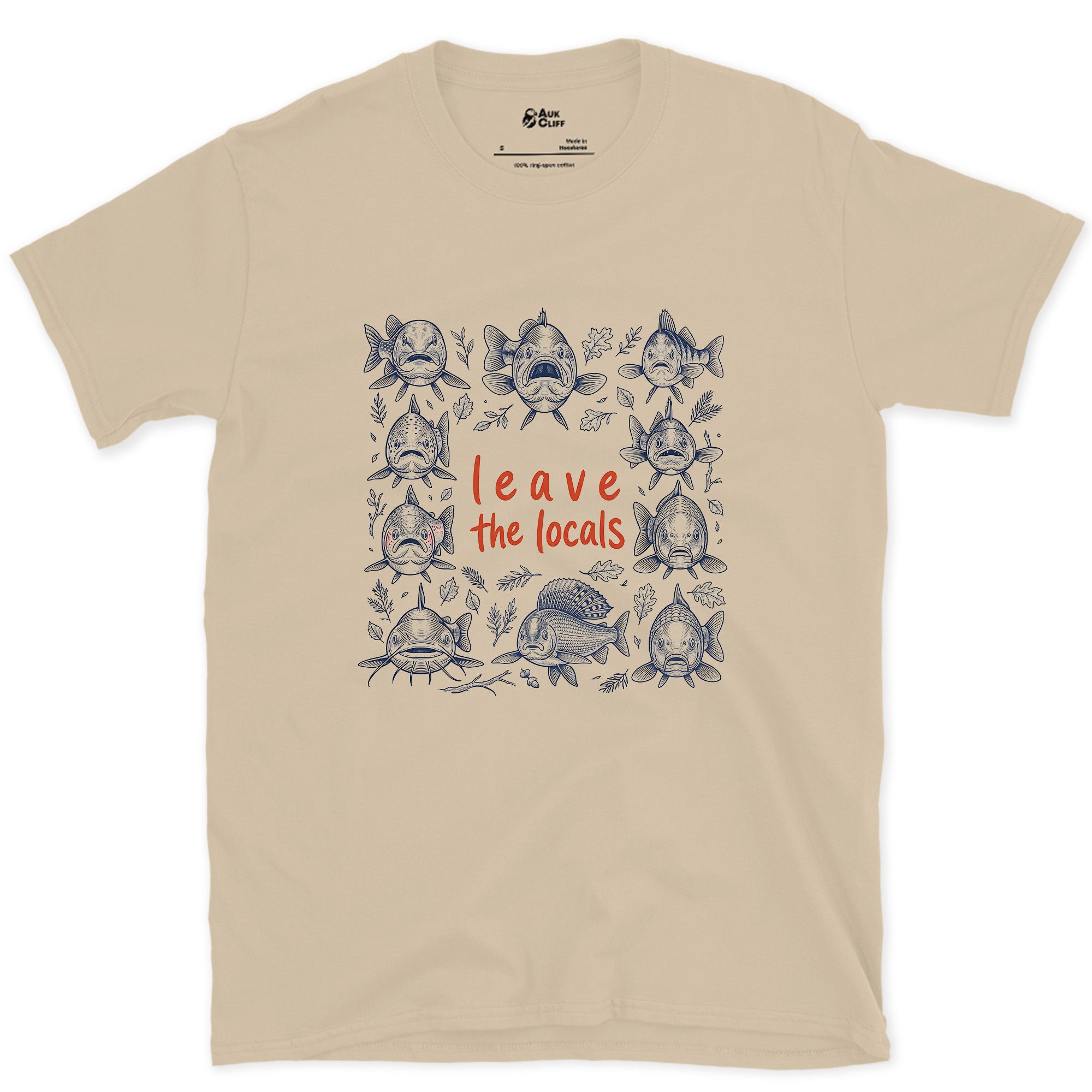 Leave the Locals, Fish Head Grid design on a Sand Gildan Softstyle t-shirt