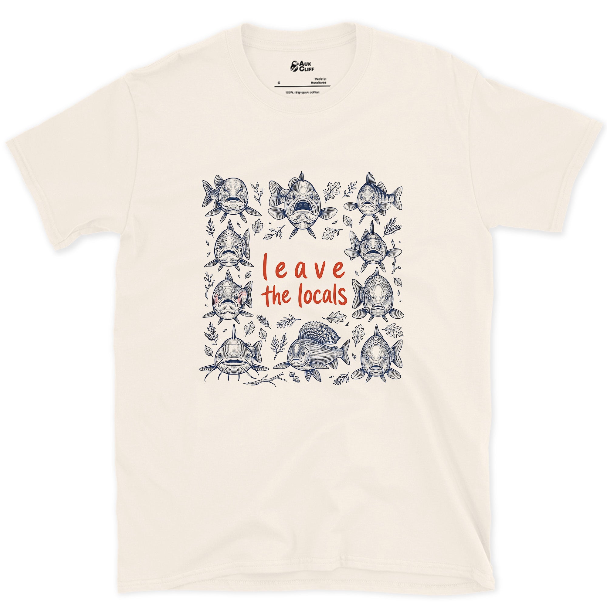 Leave the Locals, Fish Head Grid design on a Natural Gildan Softstyle t-shirt