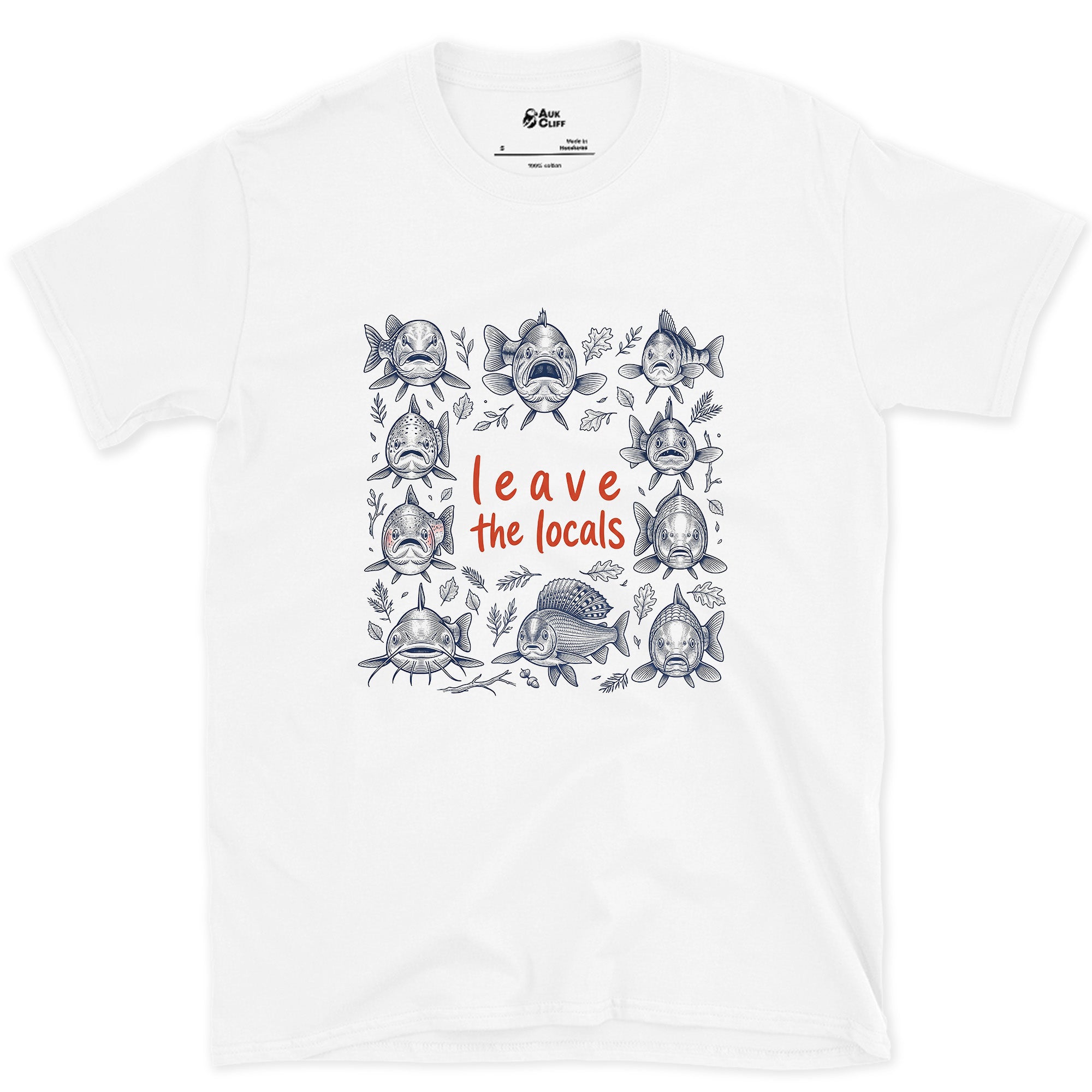 Leave the Locals, Fish Head Grid design on a White Gildan Softstyle t-shirt