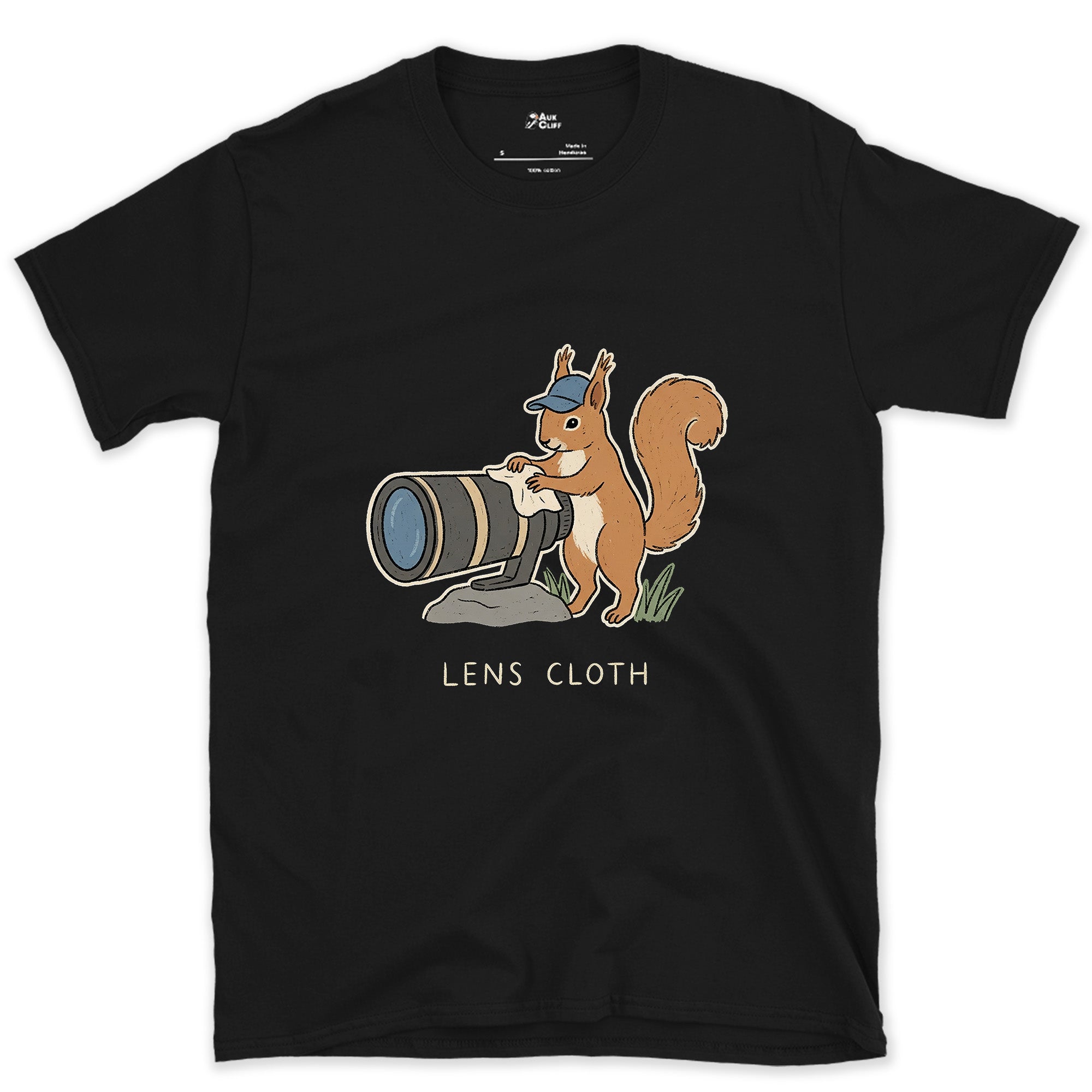 The Squirrel Collects Camera Lenses Instead of Nuts design on a Black Gildan Softstyle t-shirt