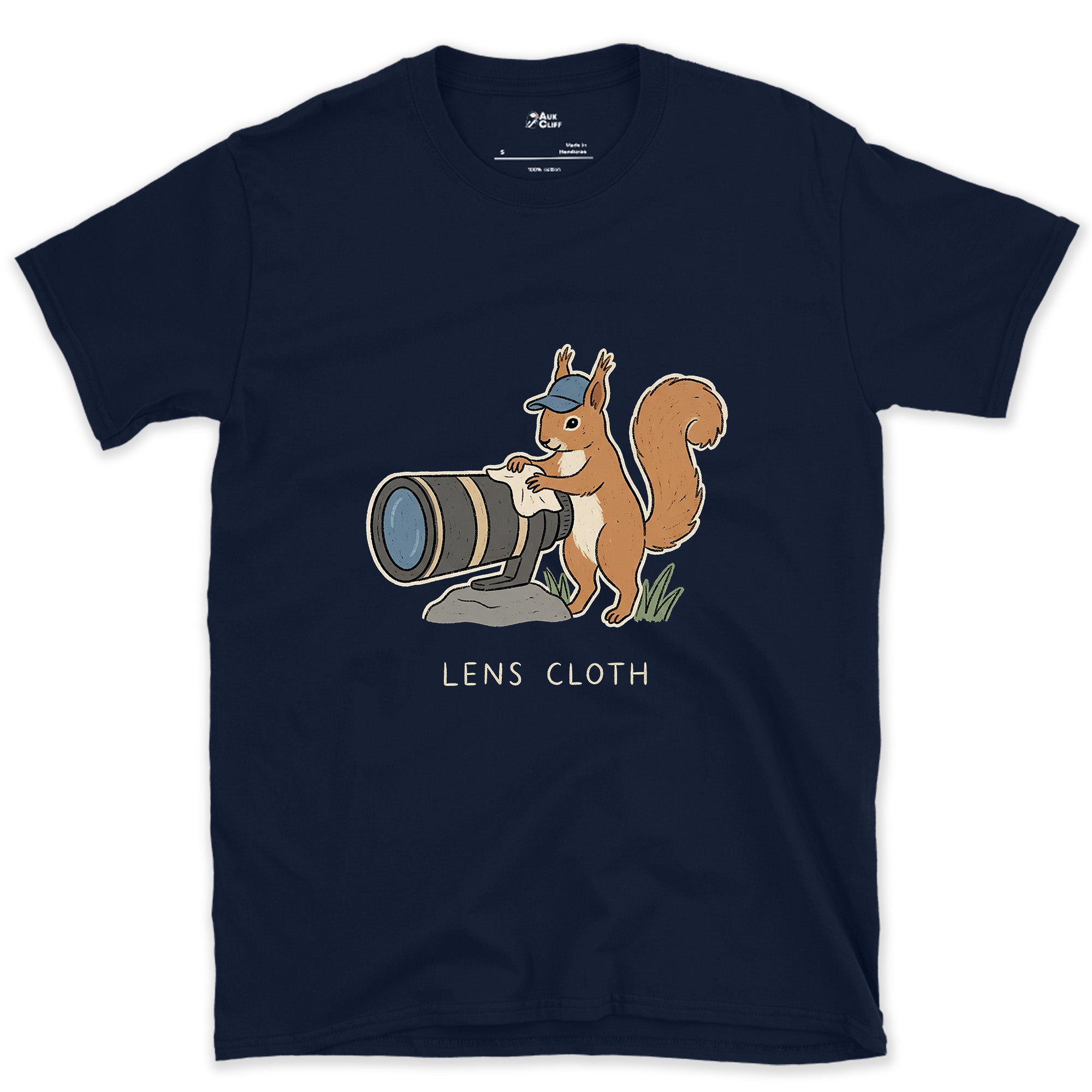 The Squirrel Collects Camera Lenses Instead of Nuts design on a Navy Gildan Softstyle t-shirt