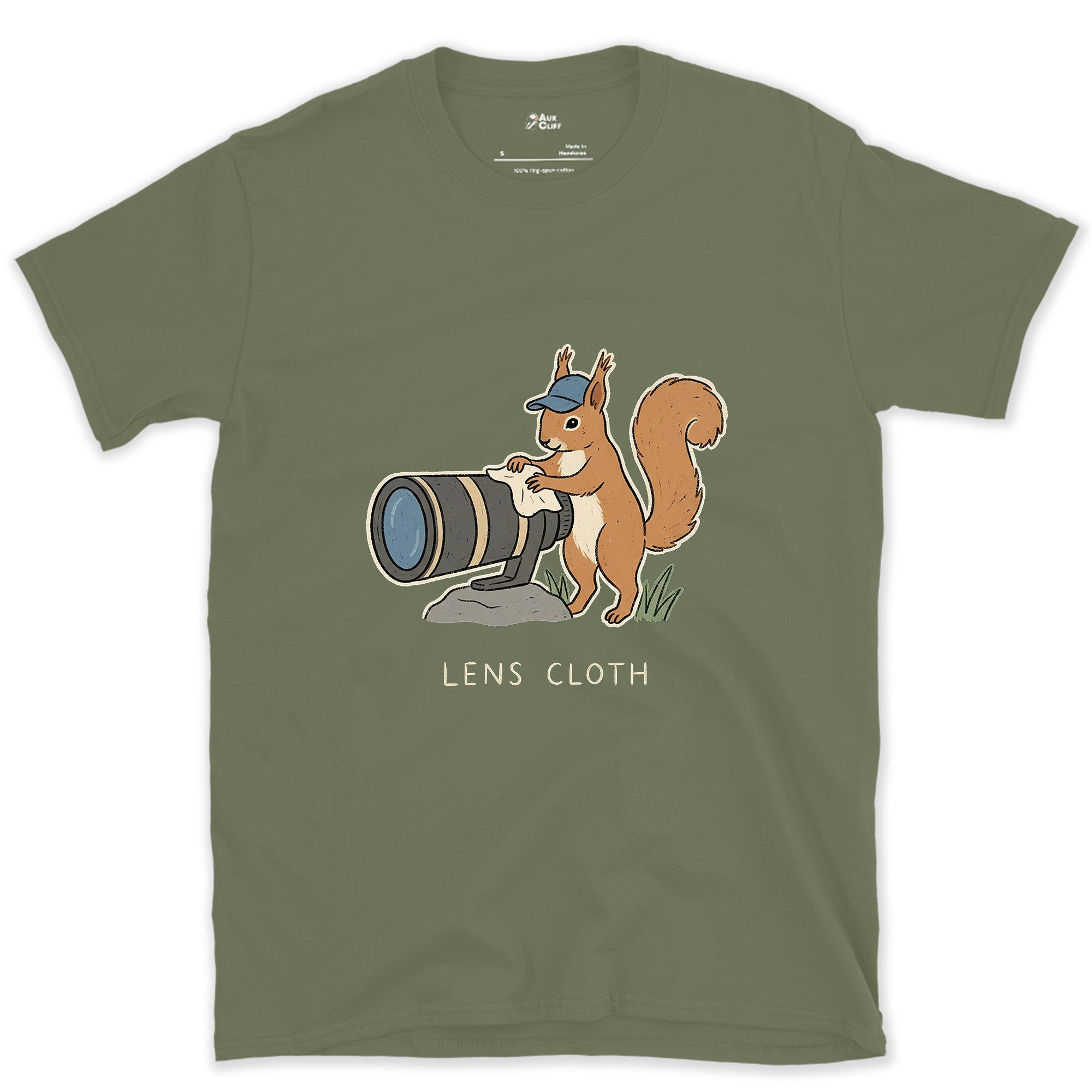 The Squirrel Collects Camera Lenses Instead of Nuts design on a Military Green Gildan Softstyle t-shirt