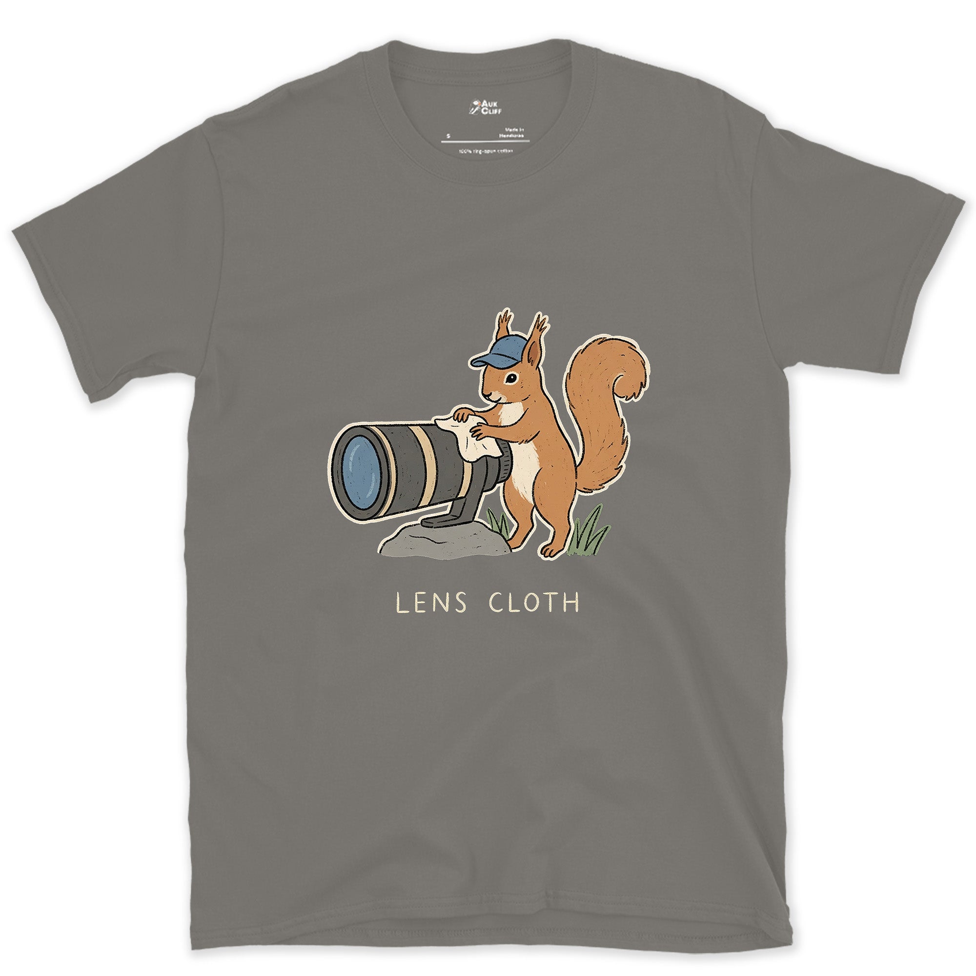 The Squirrel Collects Camera Lenses Instead of Nuts design on a Charcoal Gildan Softstyle t-shirt