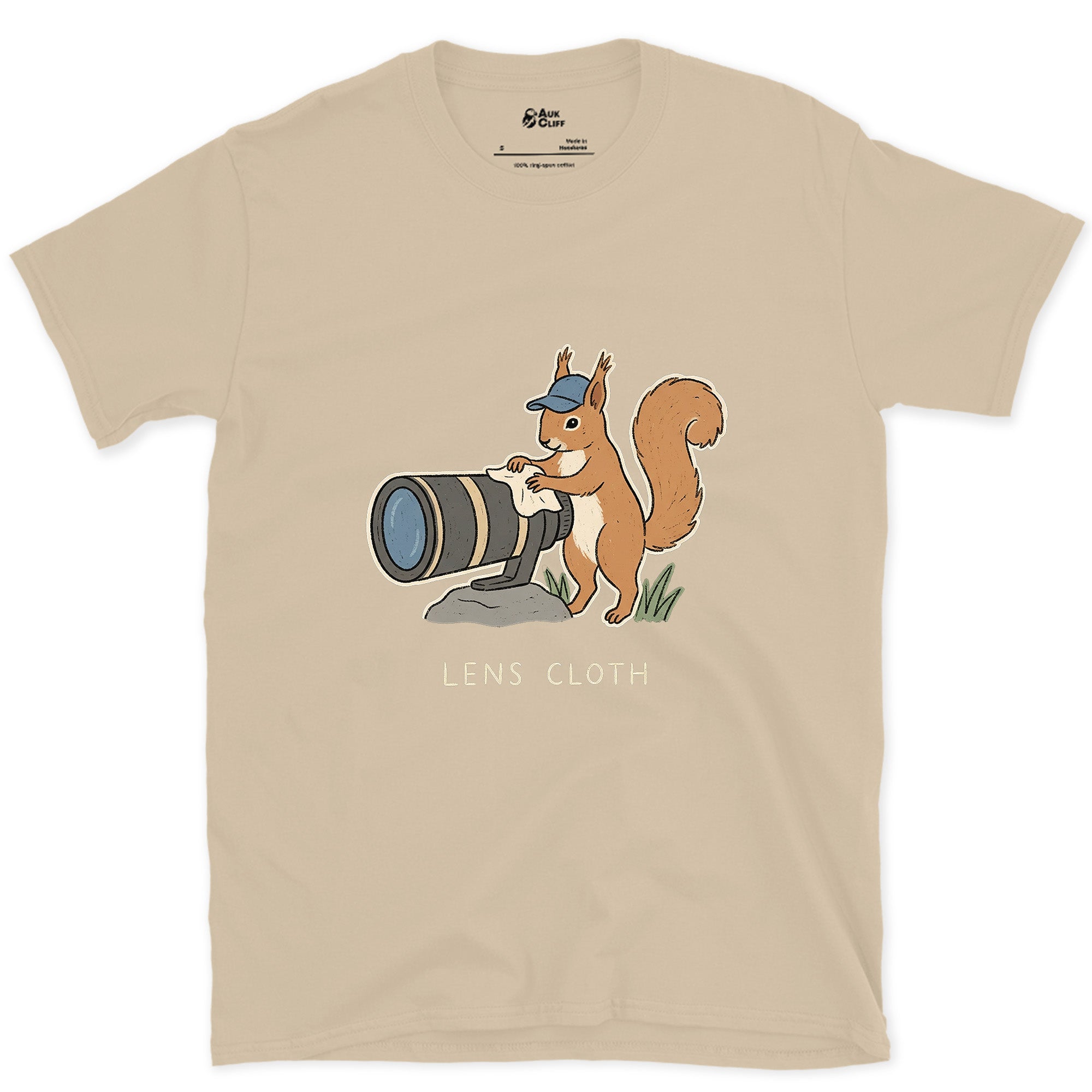 The Squirrel Collects Camera Lenses Instead of Nuts design on a Sand Gildan Softstyle t-shirt