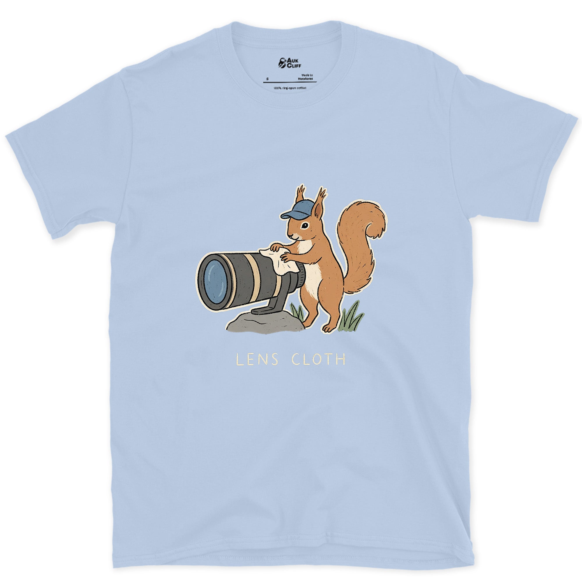 The Squirrel Collects Camera Lenses Instead of Nuts design on a Light Blue Gildan Softstyle t-shirt