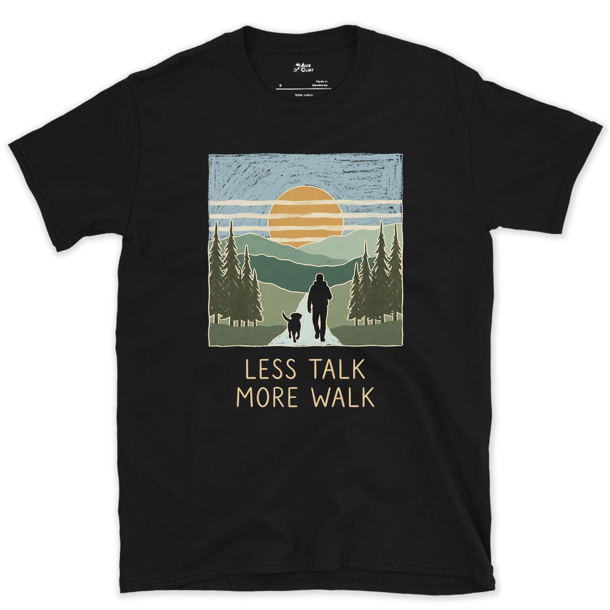 Less Talk More Walk, Hiker and Dog design on a Black Gildan Softstyle t-shirt