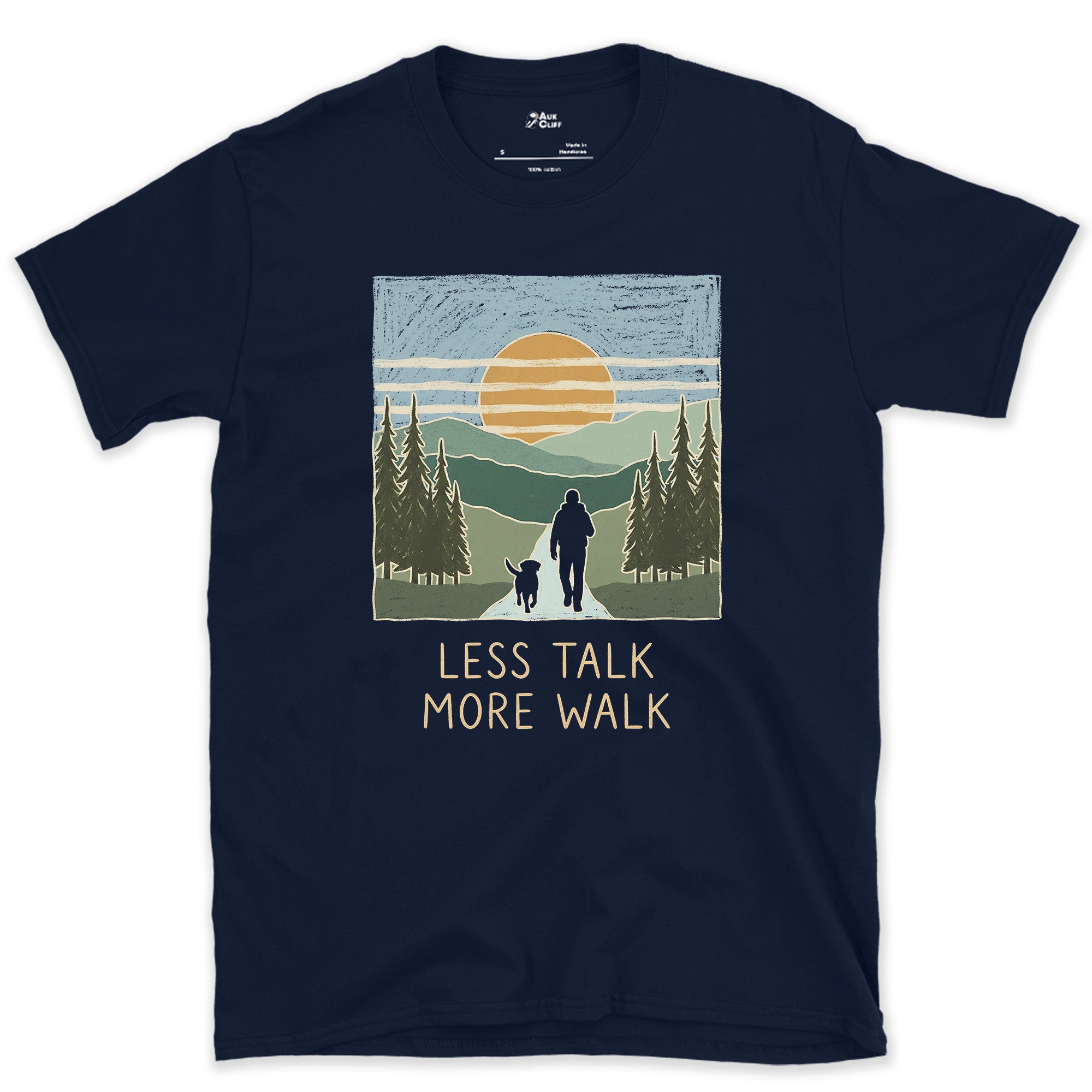 Less Talk More Walk, Hiker and Dog design on a Navy Gildan Softstyle t-shirt