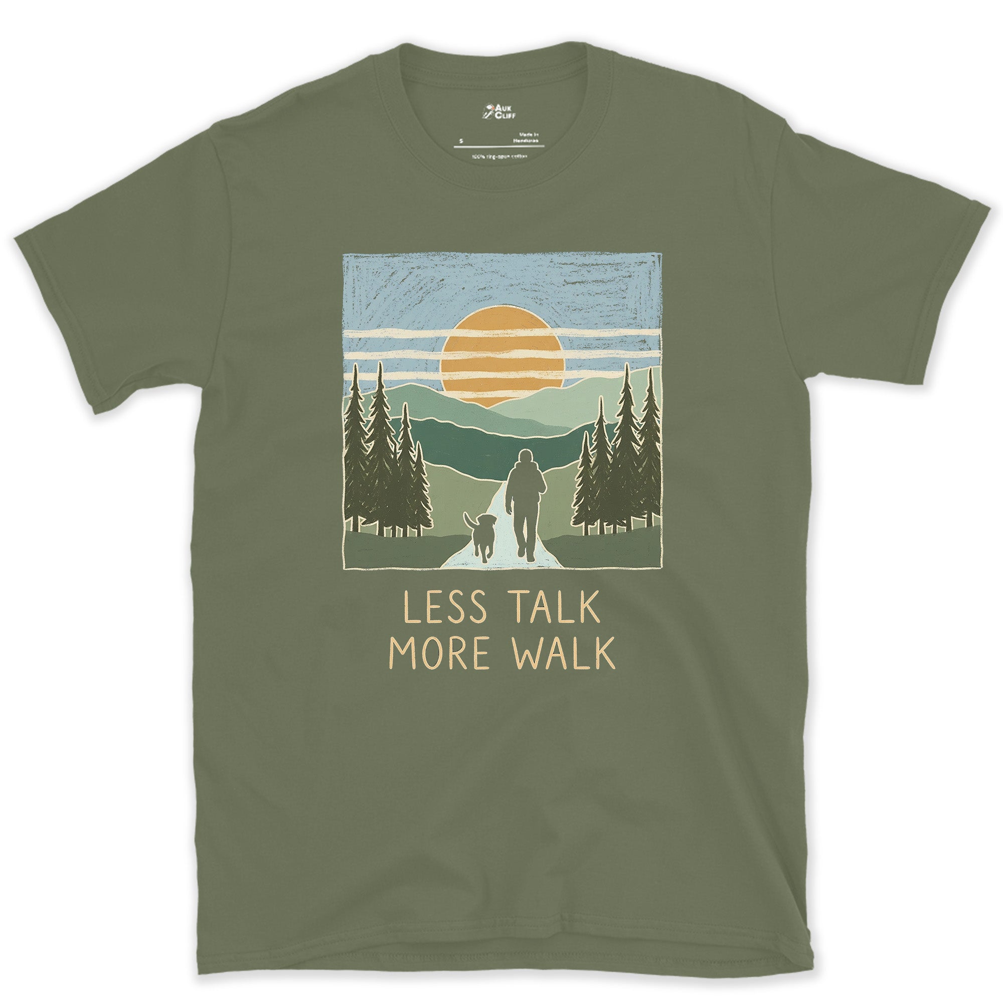 Less Talk More Walk, Hiker and Dog design on a Military Green Gildan Softstyle t-shirt