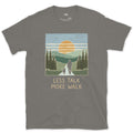 Less Talk More Walk, Hiker and Dog design on a Charcoal Gildan Softstyle t-shirt
