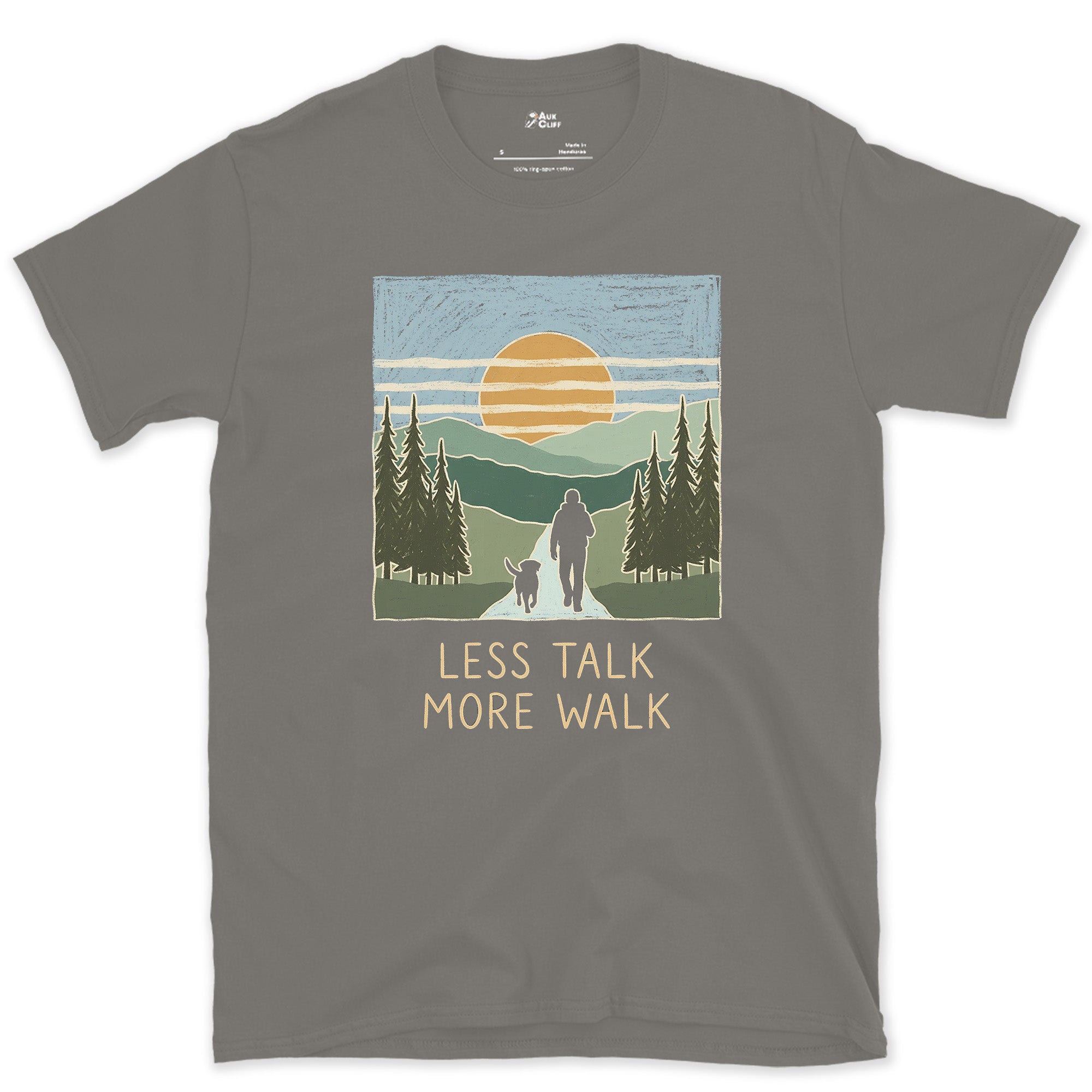 Less Talk More Walk, Hiker and Dog design on a Charcoal Gildan Softstyle t-shirt