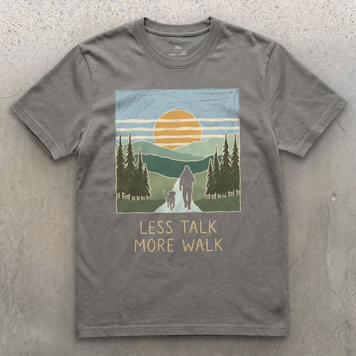 Less Talk More Walk, Hiker and Dog design on a Charcoal Gildan Softstyle t-shirt