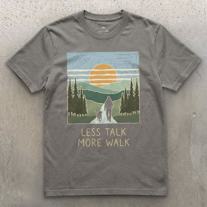 Less Talk More Walk, Hiker and Dog design on a Charcoal Gildan Softstyle t-shirt