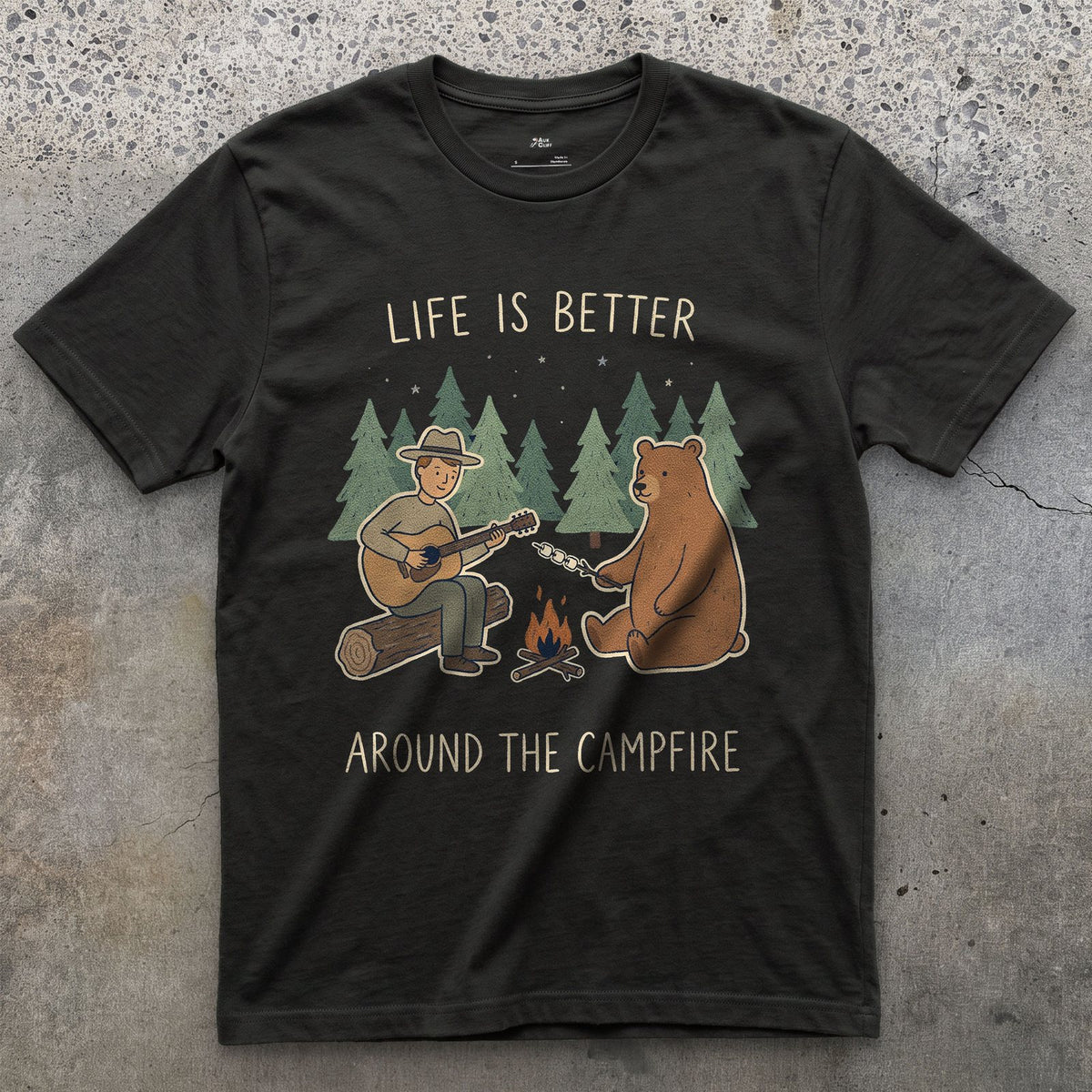 Life Is Better Around the Campfire design on a Black Gildan Softstyle t-shirt
