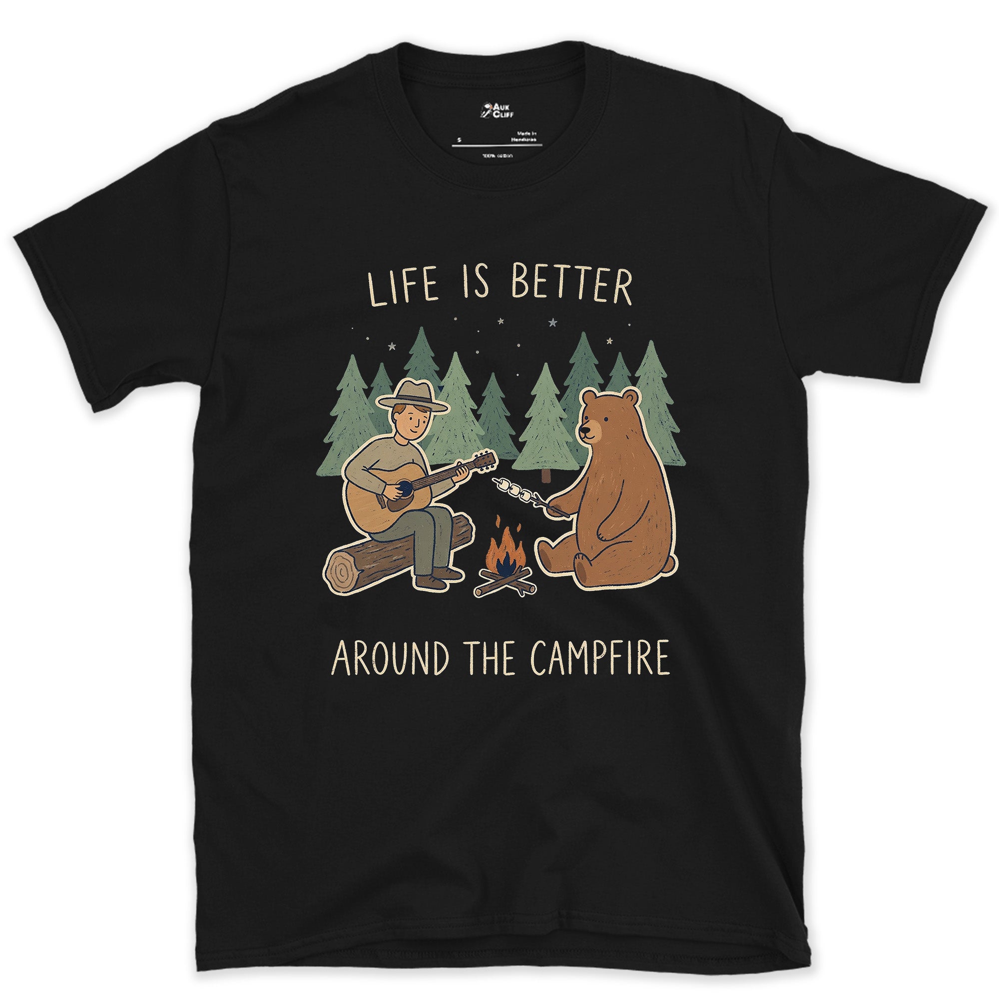 Life Is Better Around the Campfire design on a Black Gildan Softstyle t-shirt