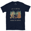 Life Is Better Around the Campfire design on a Navy Gildan Softstyle t-shirt