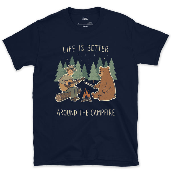 Life Is Better Around the Campfire design on a Navy Gildan Softstyle t-shirt