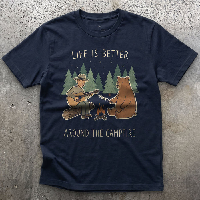 Life Is Better Around the Campfire design on a Navy Gildan Softstyle t-shirt