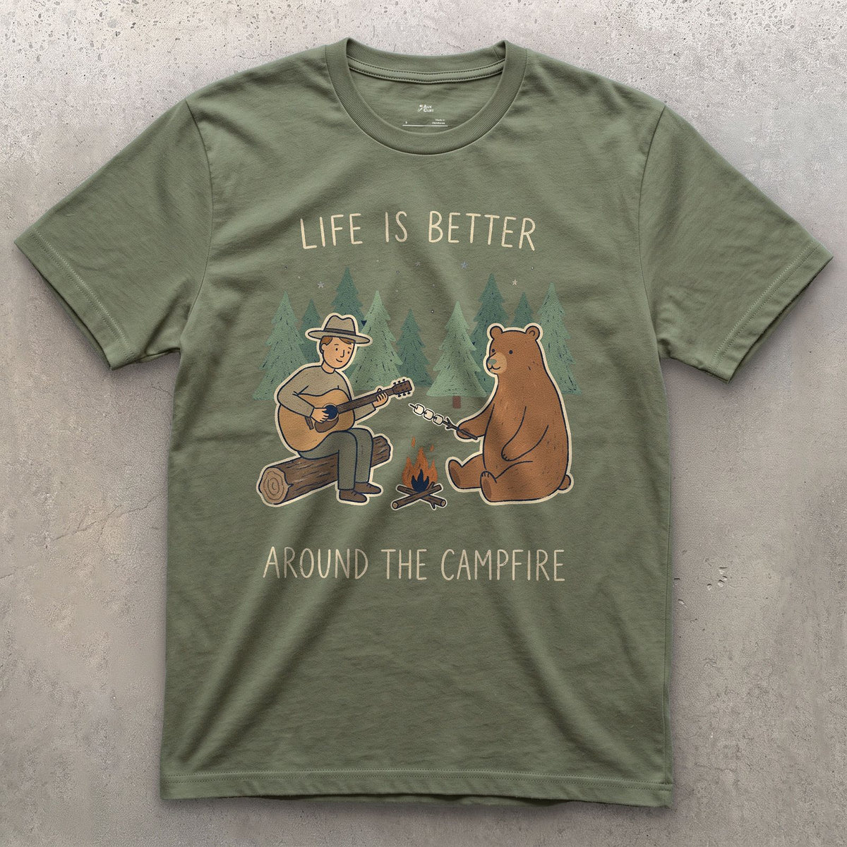 Life Is Better Around the Campfire design on a Military Green Gildan Softstyle t-shirt