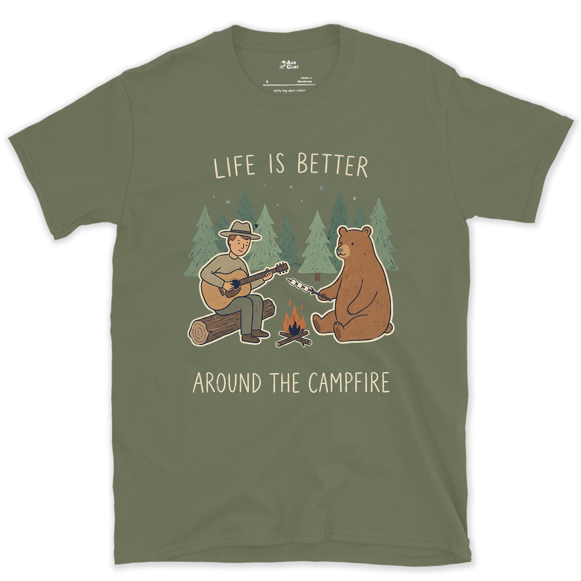 Life Is Better Around the Campfire design on a Military Green Gildan Softstyle t-shirt