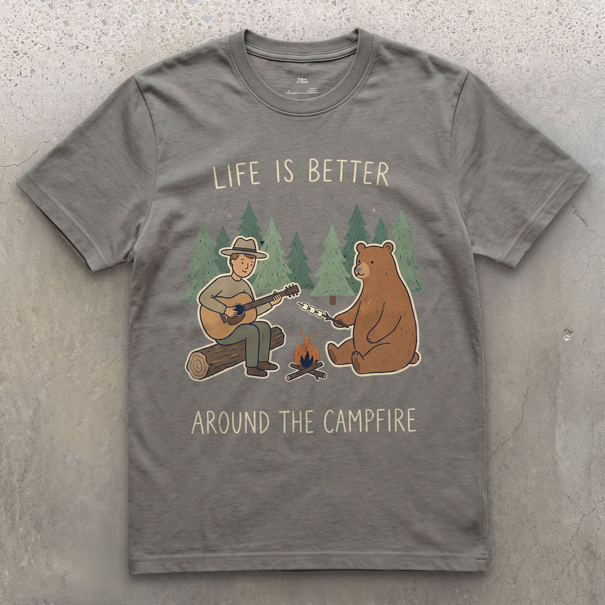 Life Is Better Around the Campfire design on a Charcoal Gildan Softstyle t-shirt