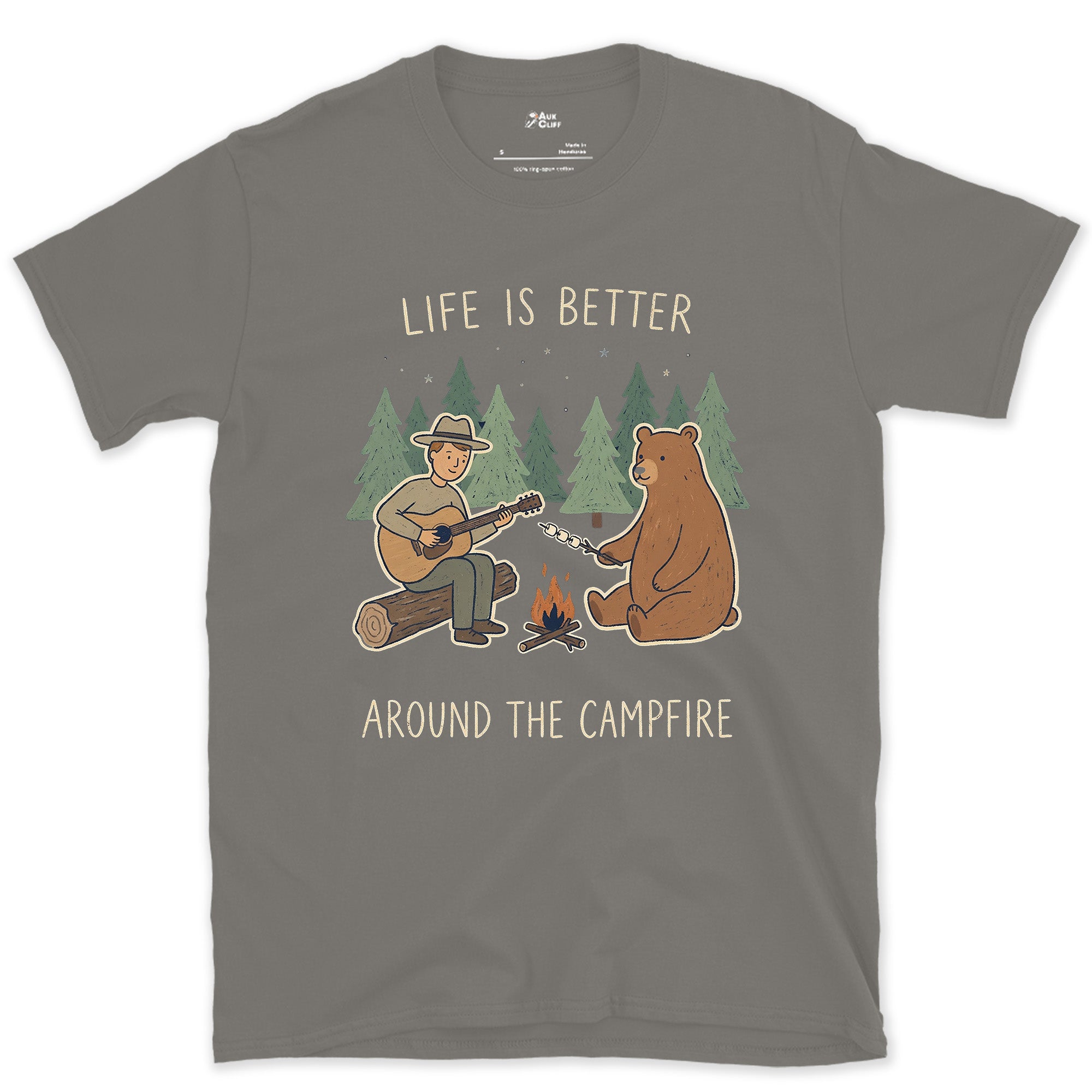 Life Is Better Around the Campfire design on a Charcoal Gildan Softstyle t-shirt