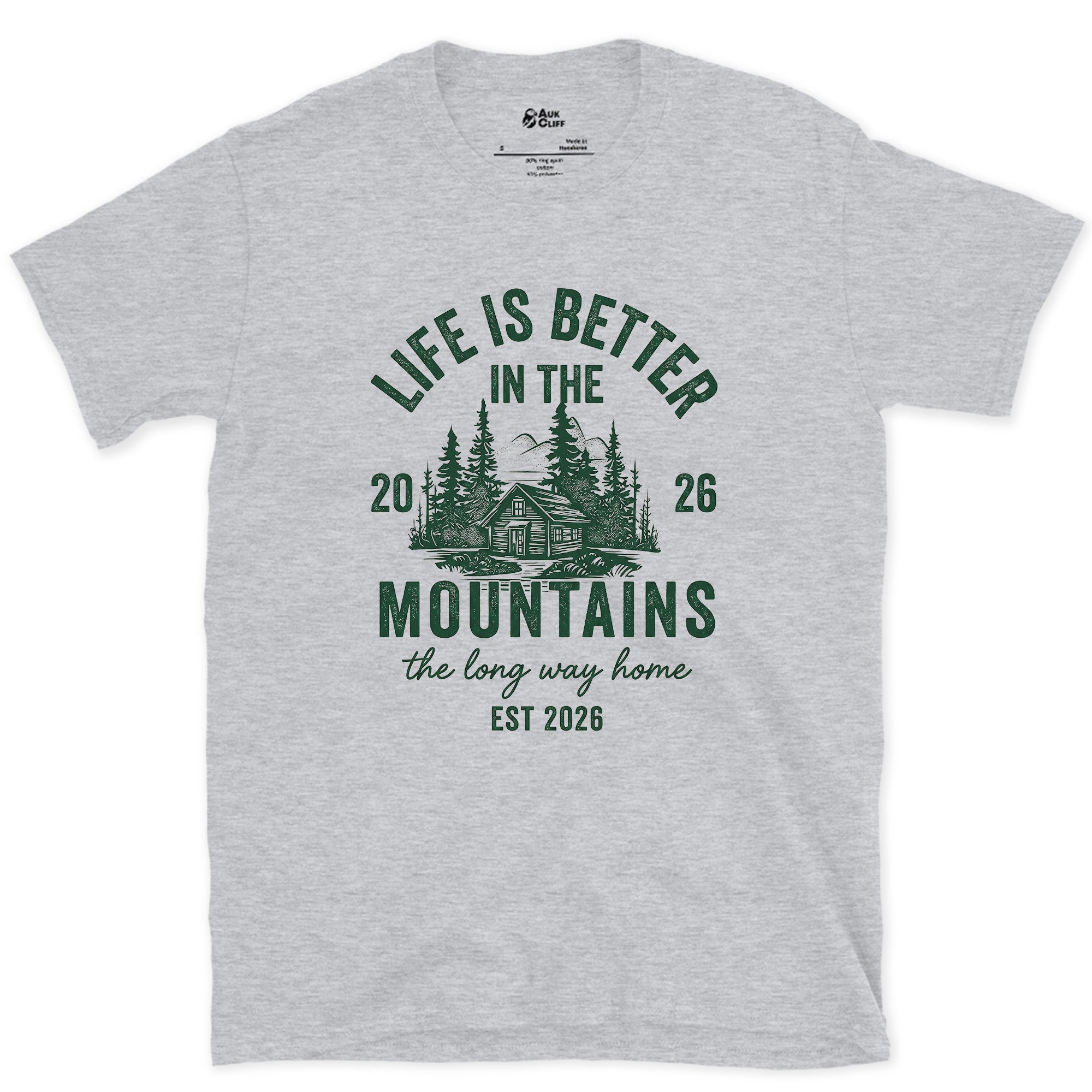 The Long Way Home, Cabin in the Pines design on a Sport Grey Gildan Softstyle t-shirt
