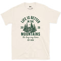 The Long Way Home, Cabin in the Pines design on a Natural Gildan Softstyle t-shirt