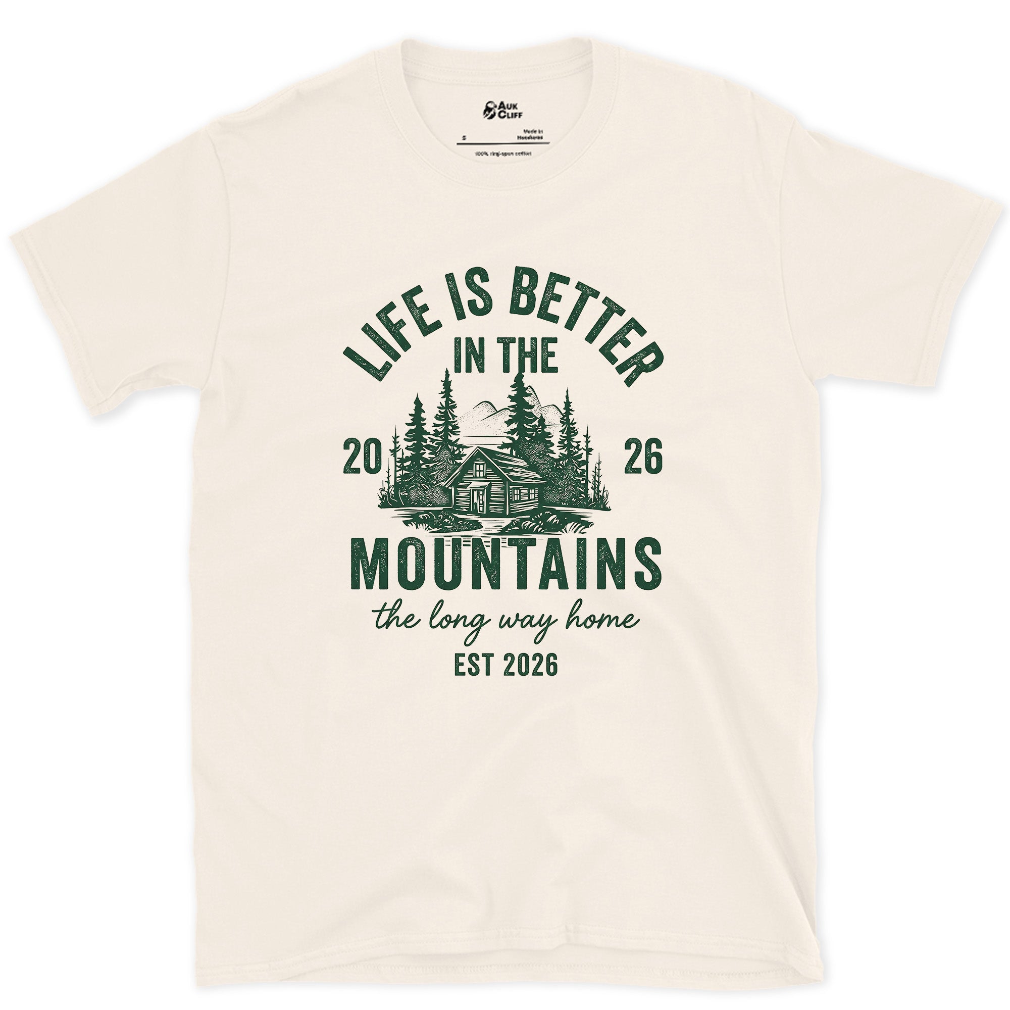 The Long Way Home, Cabin in the Pines design on a Natural Gildan Softstyle t-shirt
