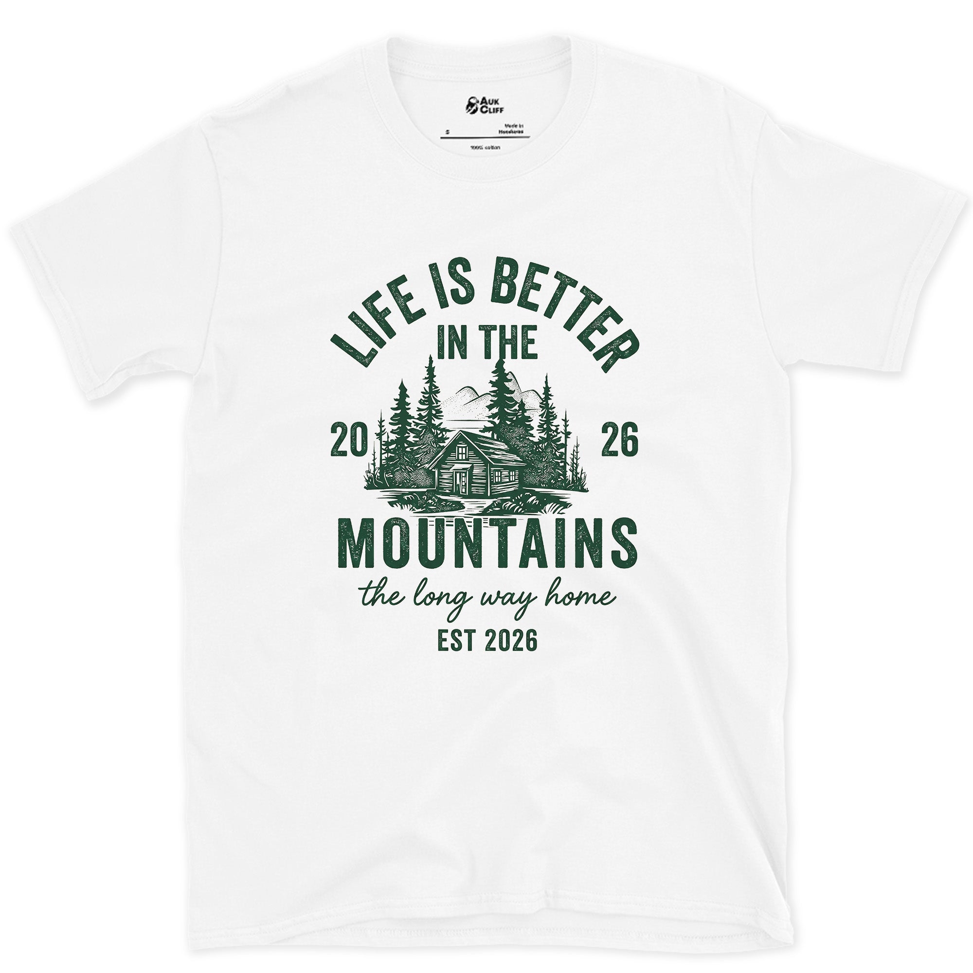The Long Way Home, Cabin in the Pines design on a White Gildan Softstyle t-shirt