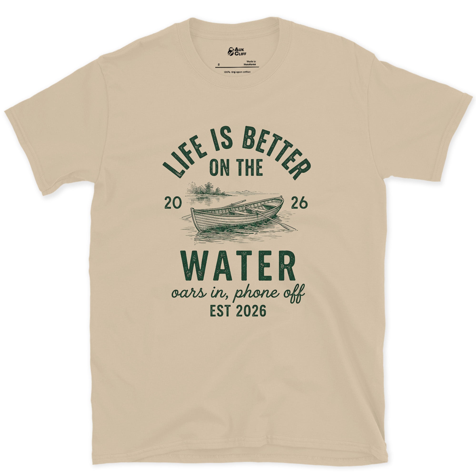 Oars In, Phone Off, Rowboat design on a Sand Gildan Softstyle t-shirt