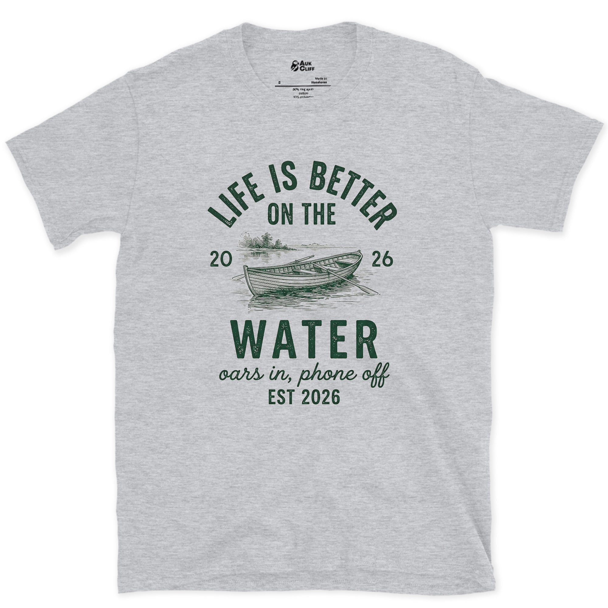 Oars In, Phone Off, Rowboat design on a Sport Grey Gildan Softstyle t-shirt