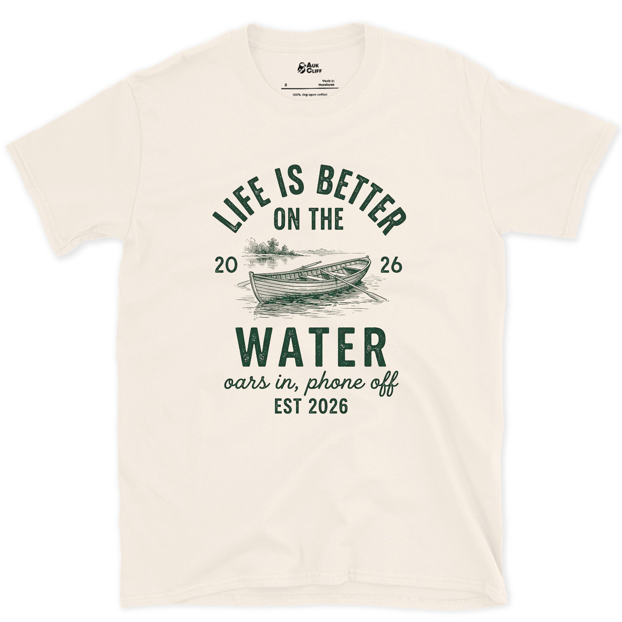 Oars In, Phone Off, Rowboat design on a Natural Gildan Softstyle t-shirt