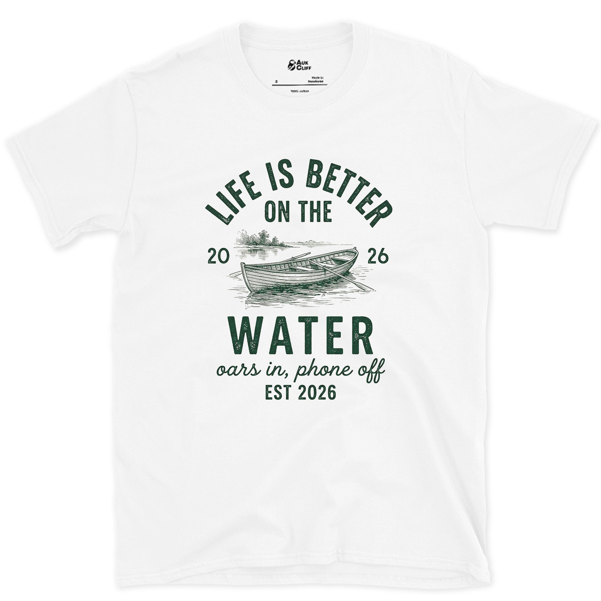 Oars In, Phone Off, Rowboat design on a White Gildan Softstyle t-shirt