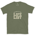 Life List With a Perched Bird, Dark design on a Military Green Gildan Softstyle t-shirt