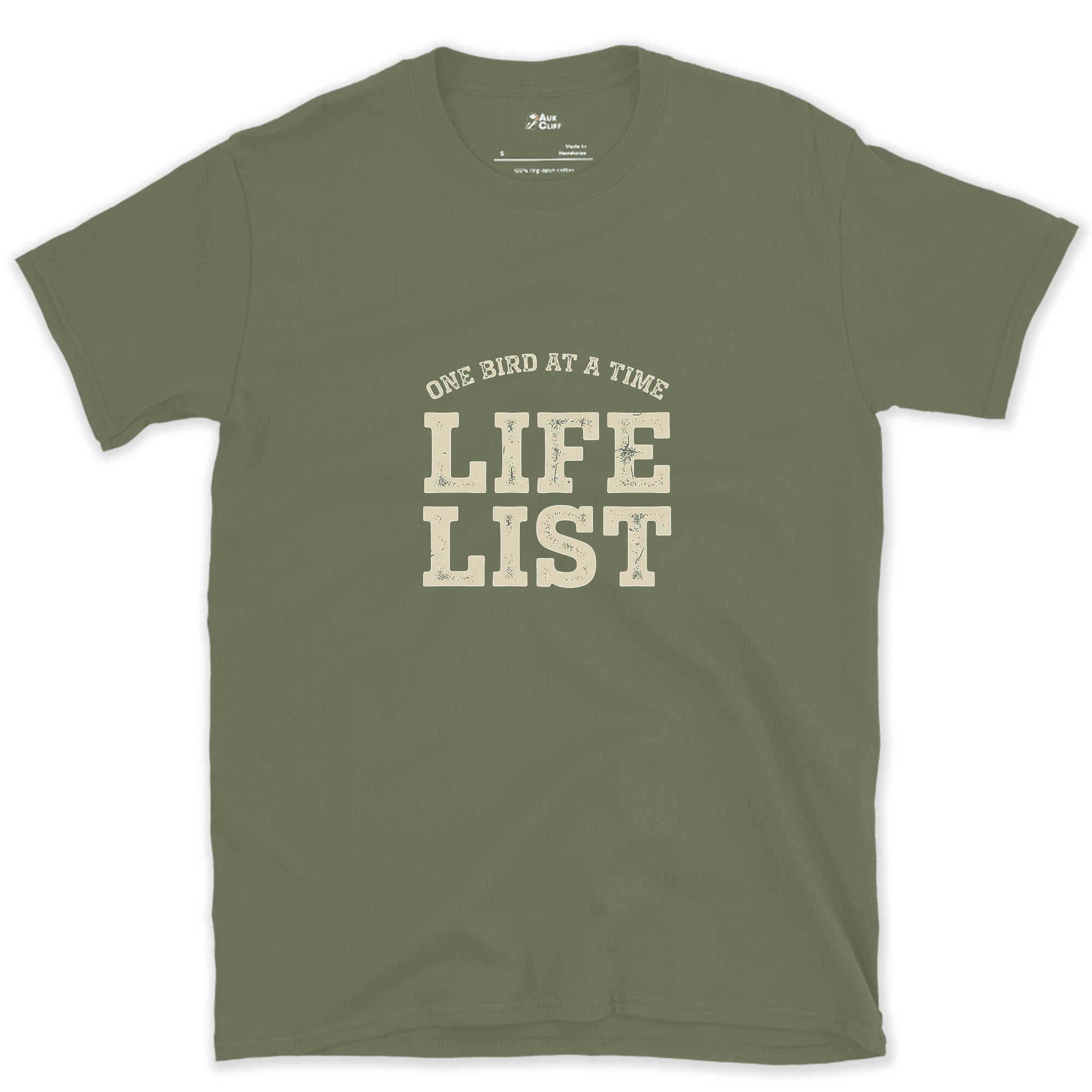 Life List With a Perched Bird, Dark design on a Military Green Gildan Softstyle t-shirt