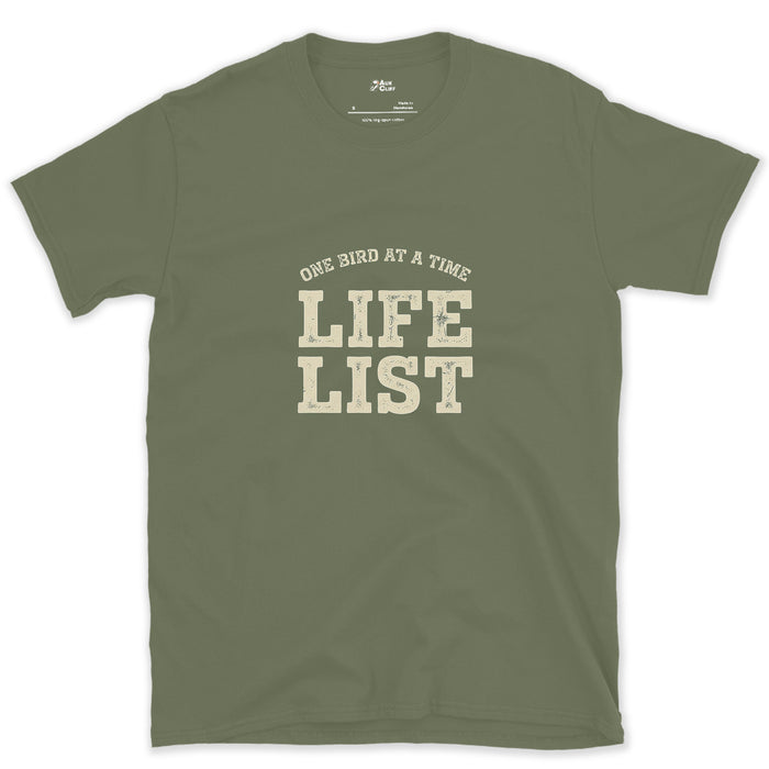 Life List With a Perched Bird, Dark design on a Military Green Gildan Softstyle t-shirt