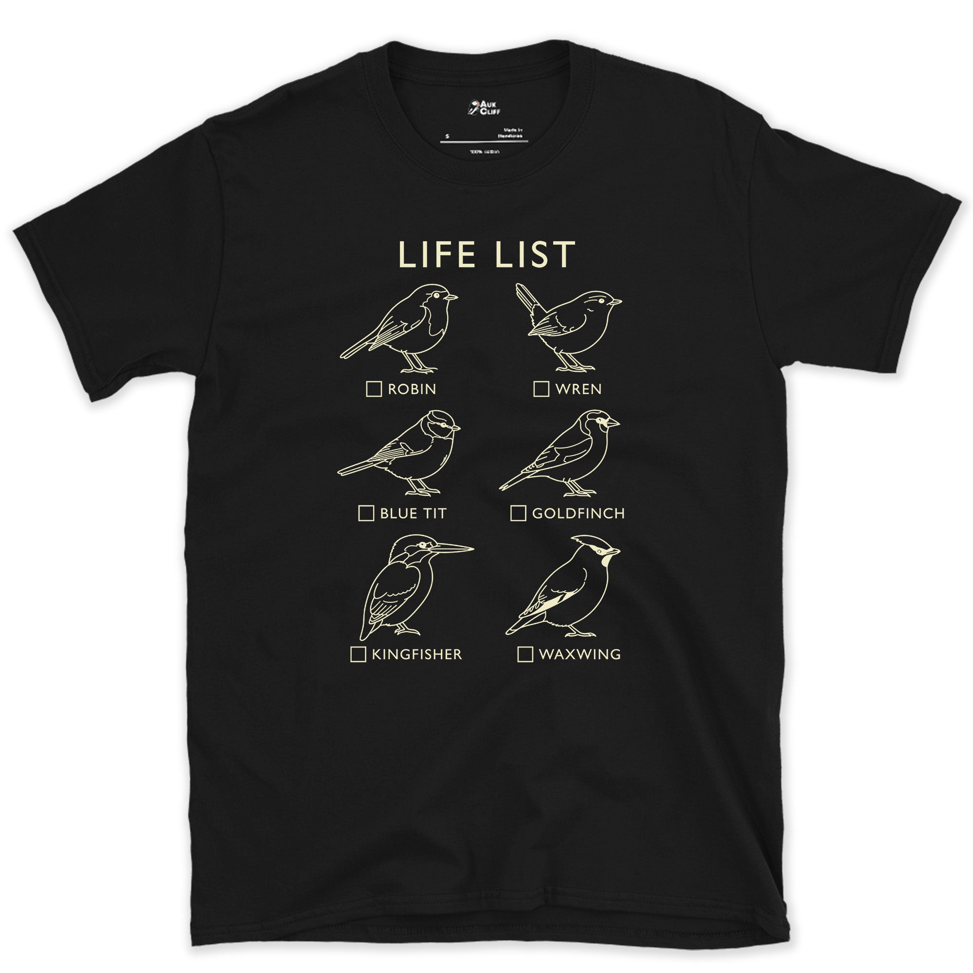 Life List, Six Birds and None of Them Ticked design on a Black Gildan Softstyle t-shirt