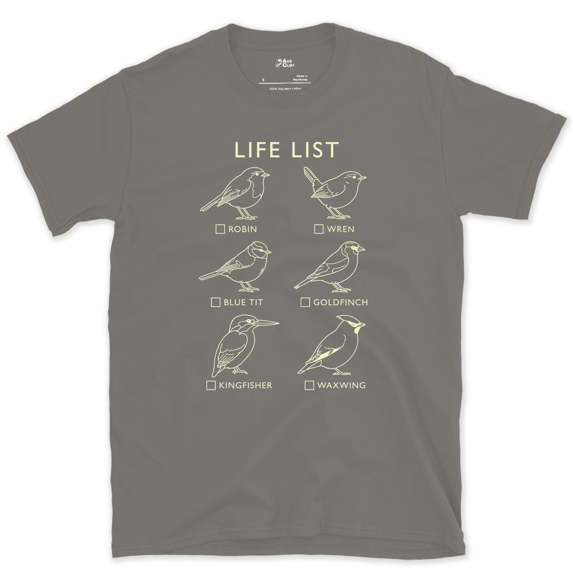 Life List, Six Birds and None of Them Ticked design on a Charcoal Gildan Softstyle t-shirt