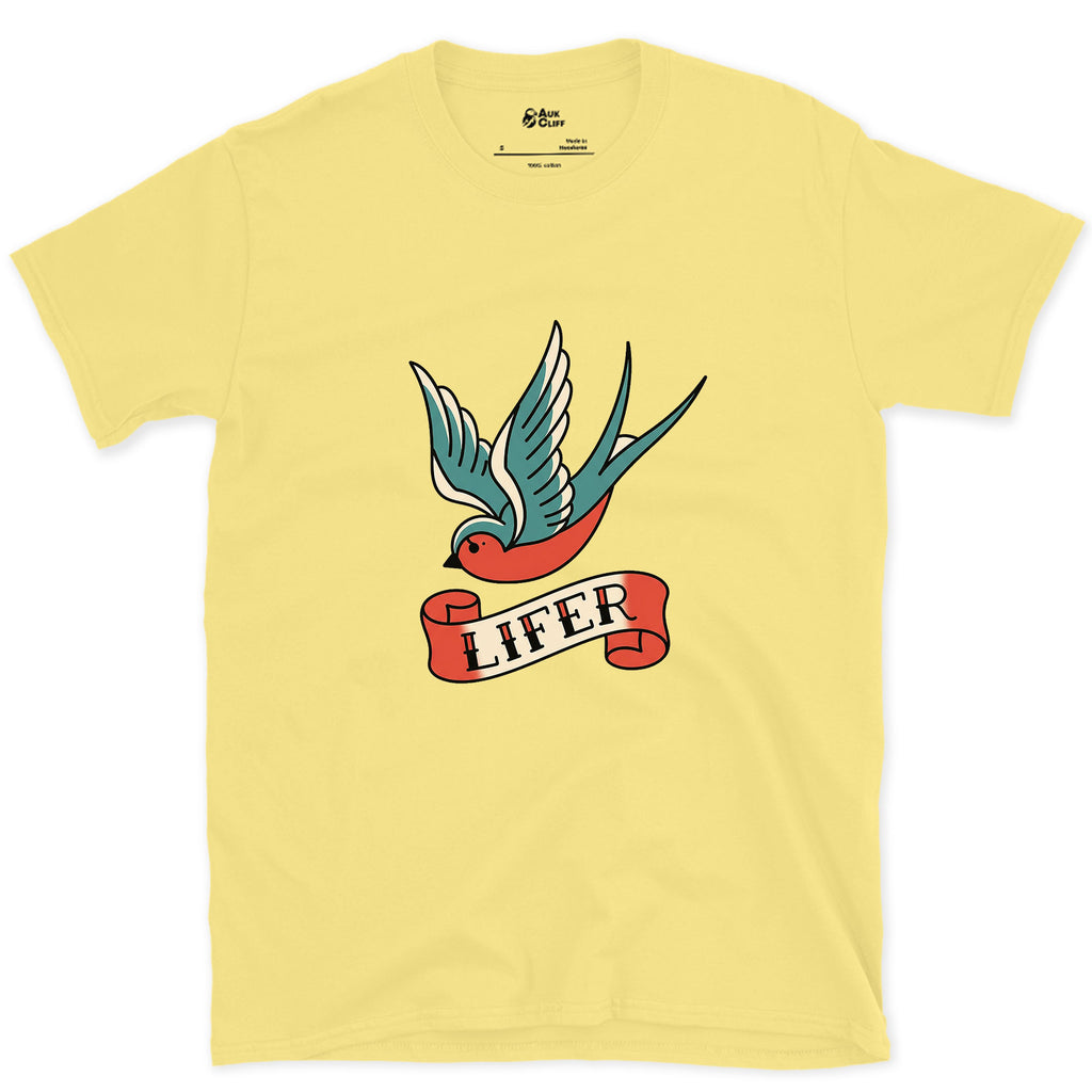 Lifer, Swallow With Wings Spread Wide design on a Cornsilk Gildan Softstyle t-shirt