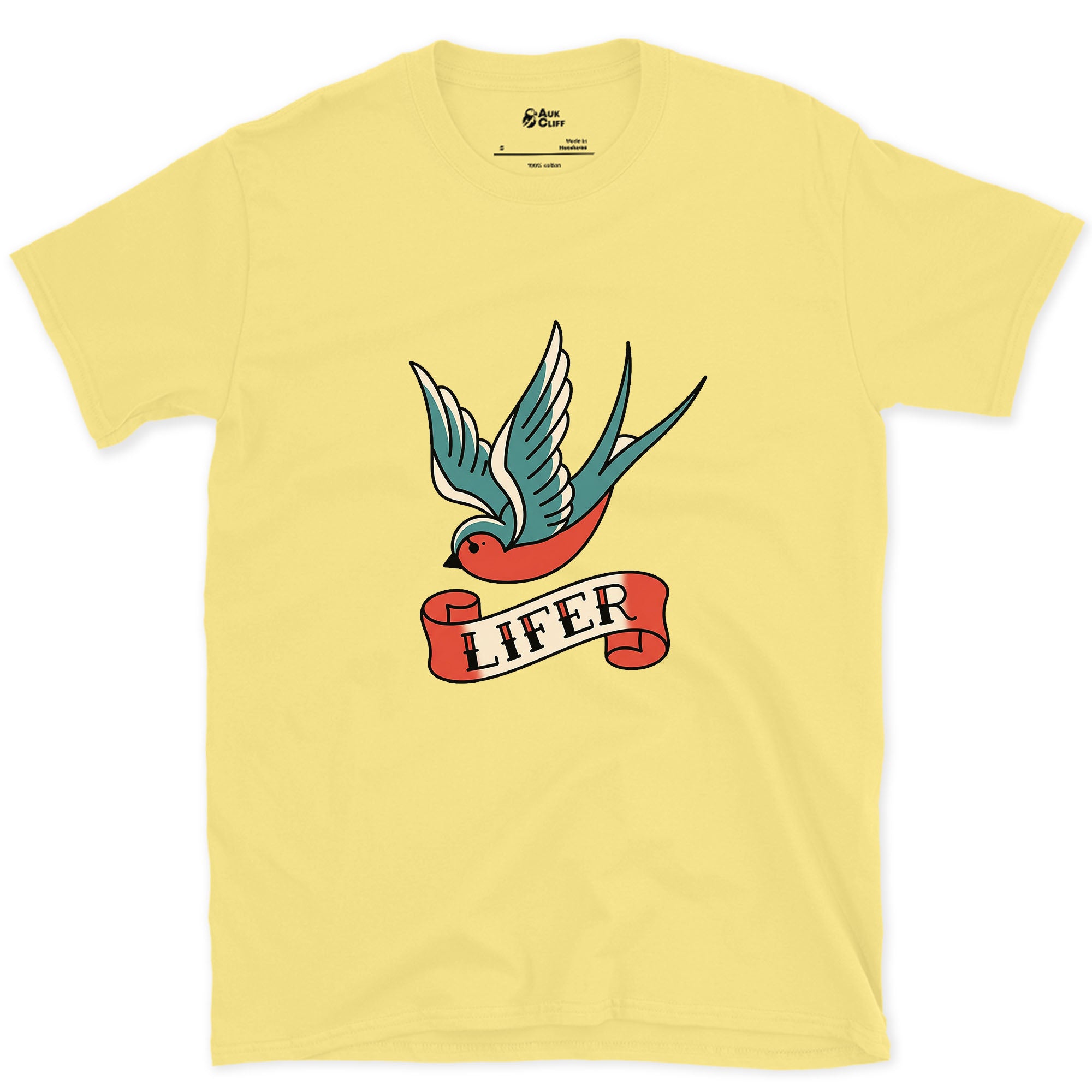 Lifer, Swallow With Wings Spread Wide design on a Cornsilk Gildan Softstyle t-shirt