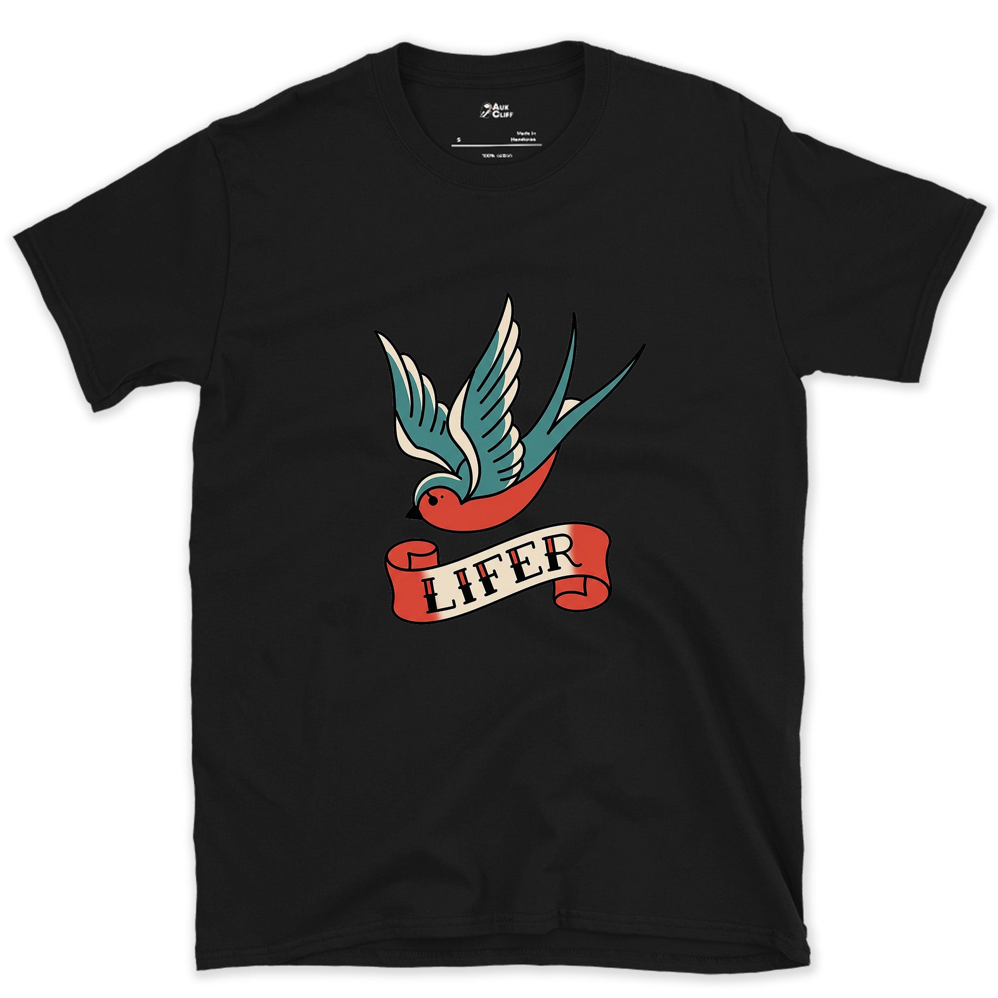 Lifer, Swallow With Wings Spread Wide design on a Black Gildan Softstyle t-shirt
