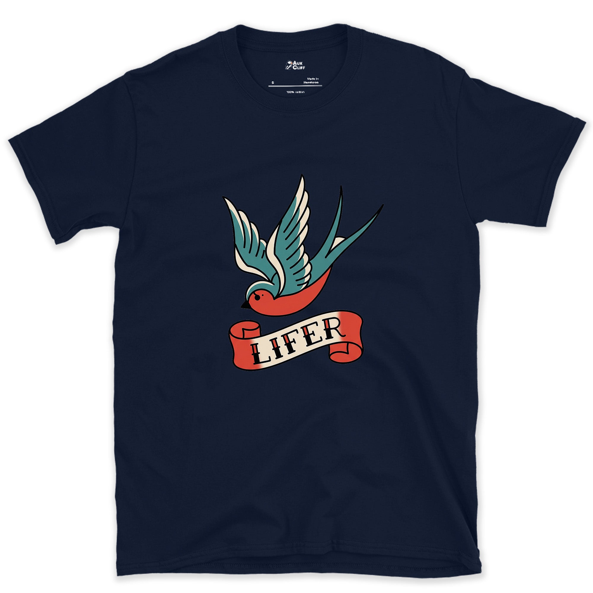 Lifer, Swallow With Wings Spread Wide design on a Navy Gildan Softstyle t-shirt