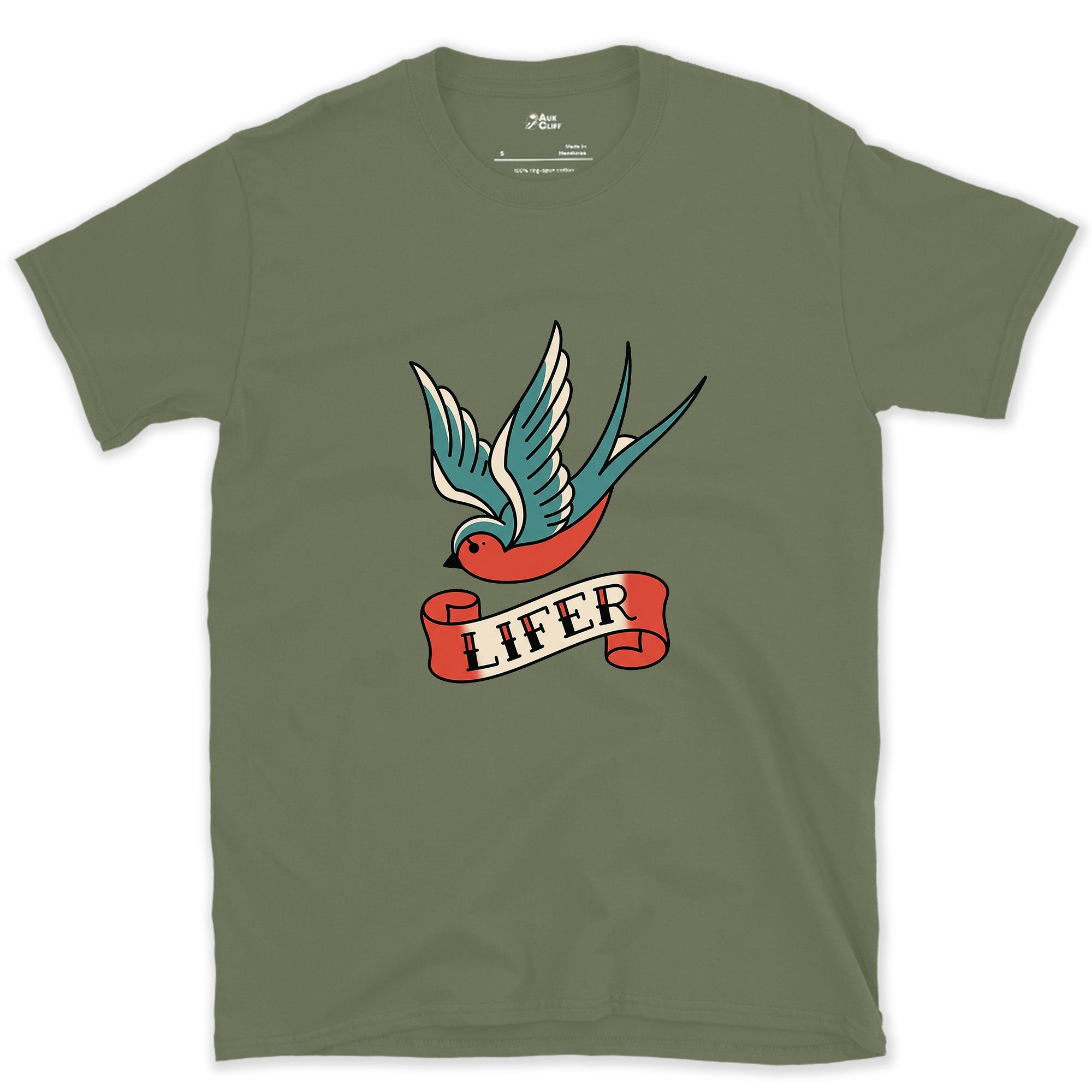 Lifer, Swallow With Wings Spread Wide design on a Military Green Gildan Softstyle t-shirt