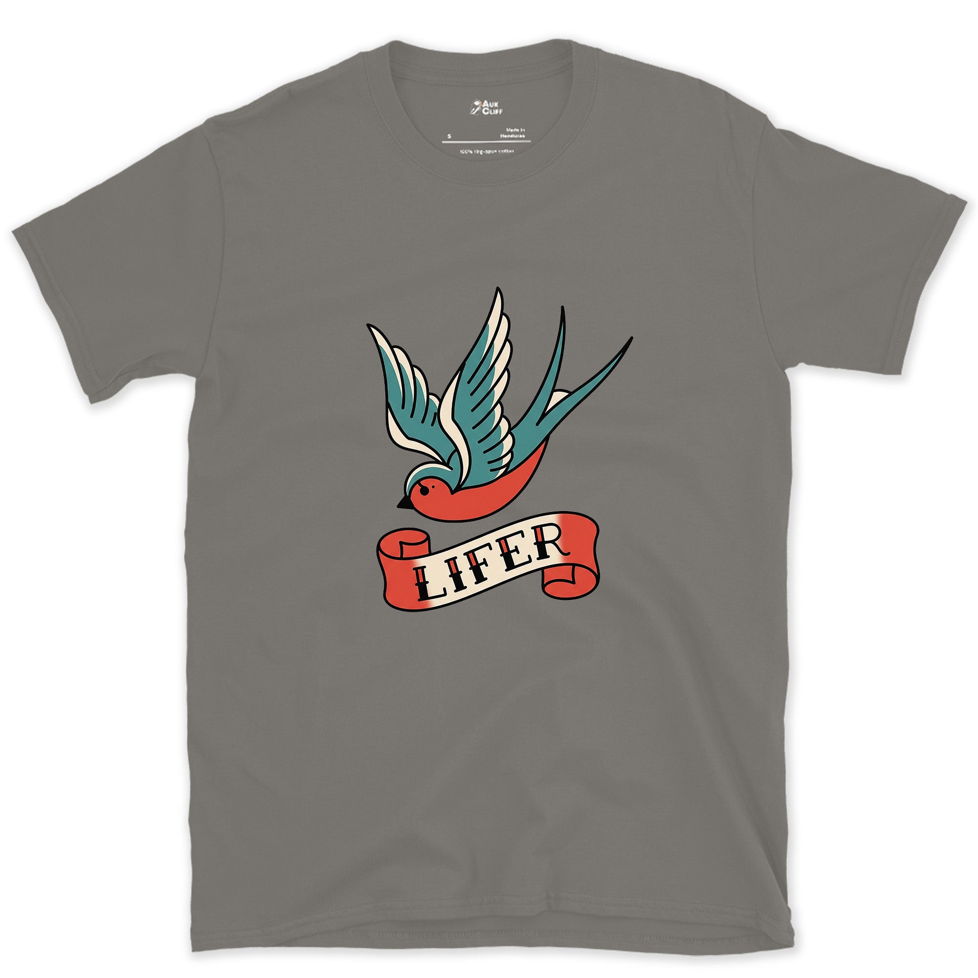 Lifer, Swallow With Wings Spread Wide design on a Charcoal Gildan Softstyle t-shirt