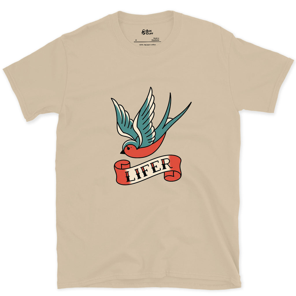 Lifer, Swallow With Wings Spread Wide design on a Sand Gildan Softstyle t-shirt