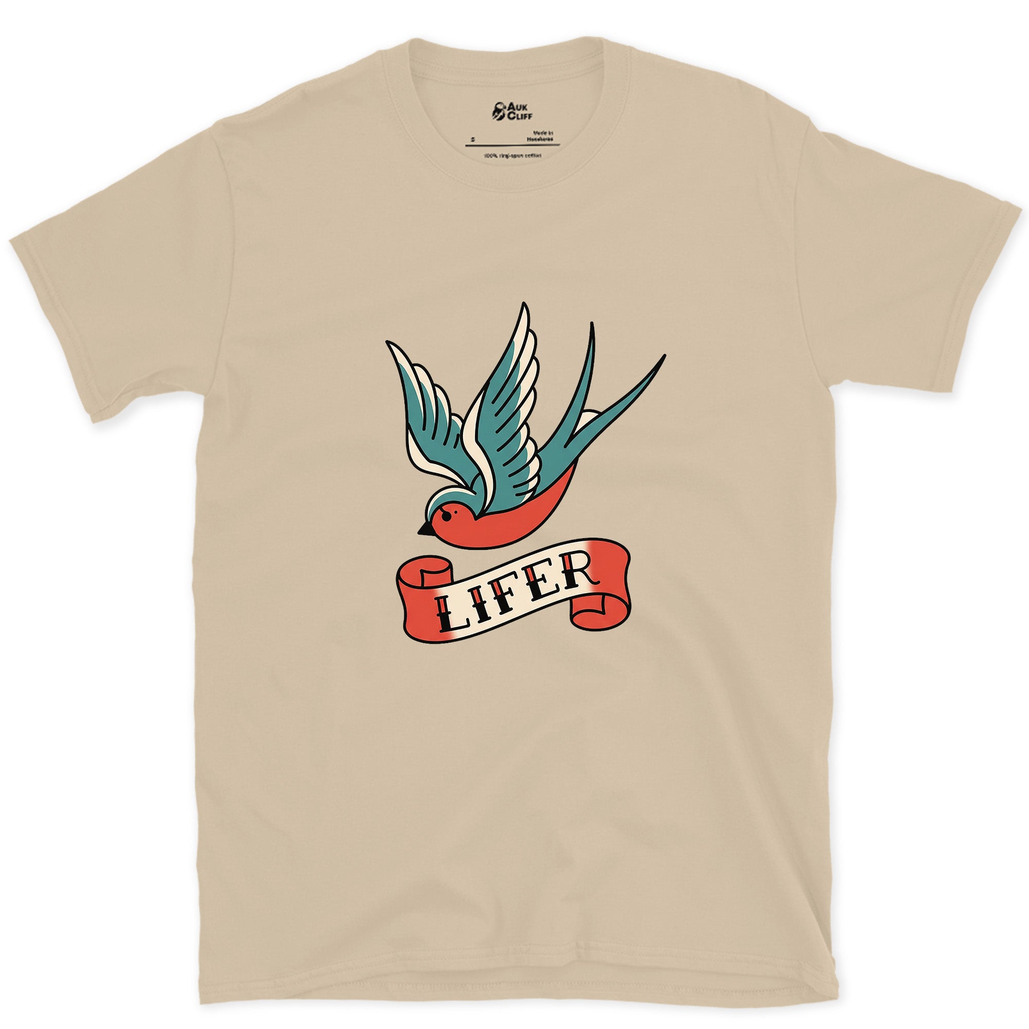 Lifer, Swallow With Wings Spread Wide design on a Sand Gildan Softstyle t-shirt