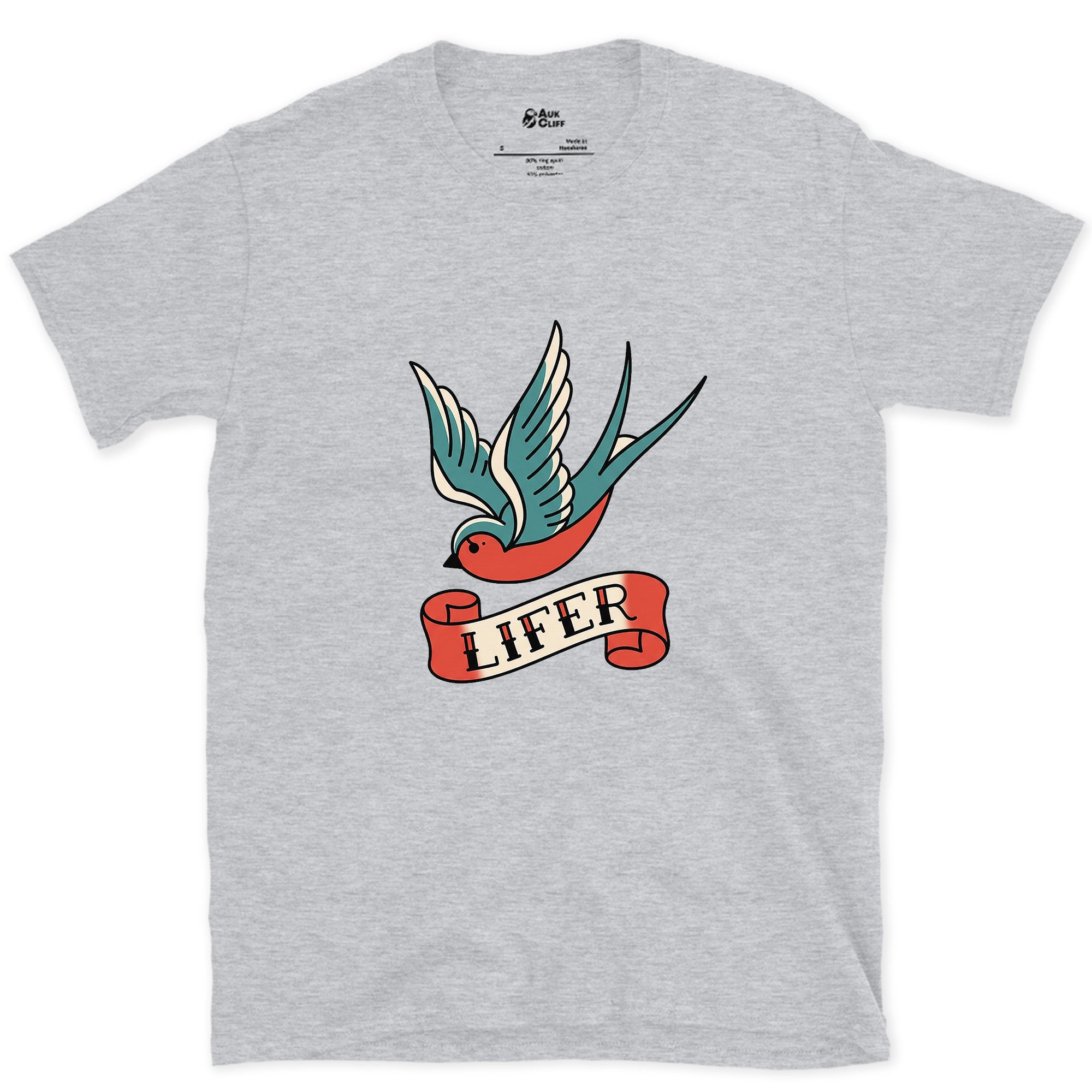 Lifer, Swallow With Wings Spread Wide design on a Sport Grey Gildan Softstyle t-shirt