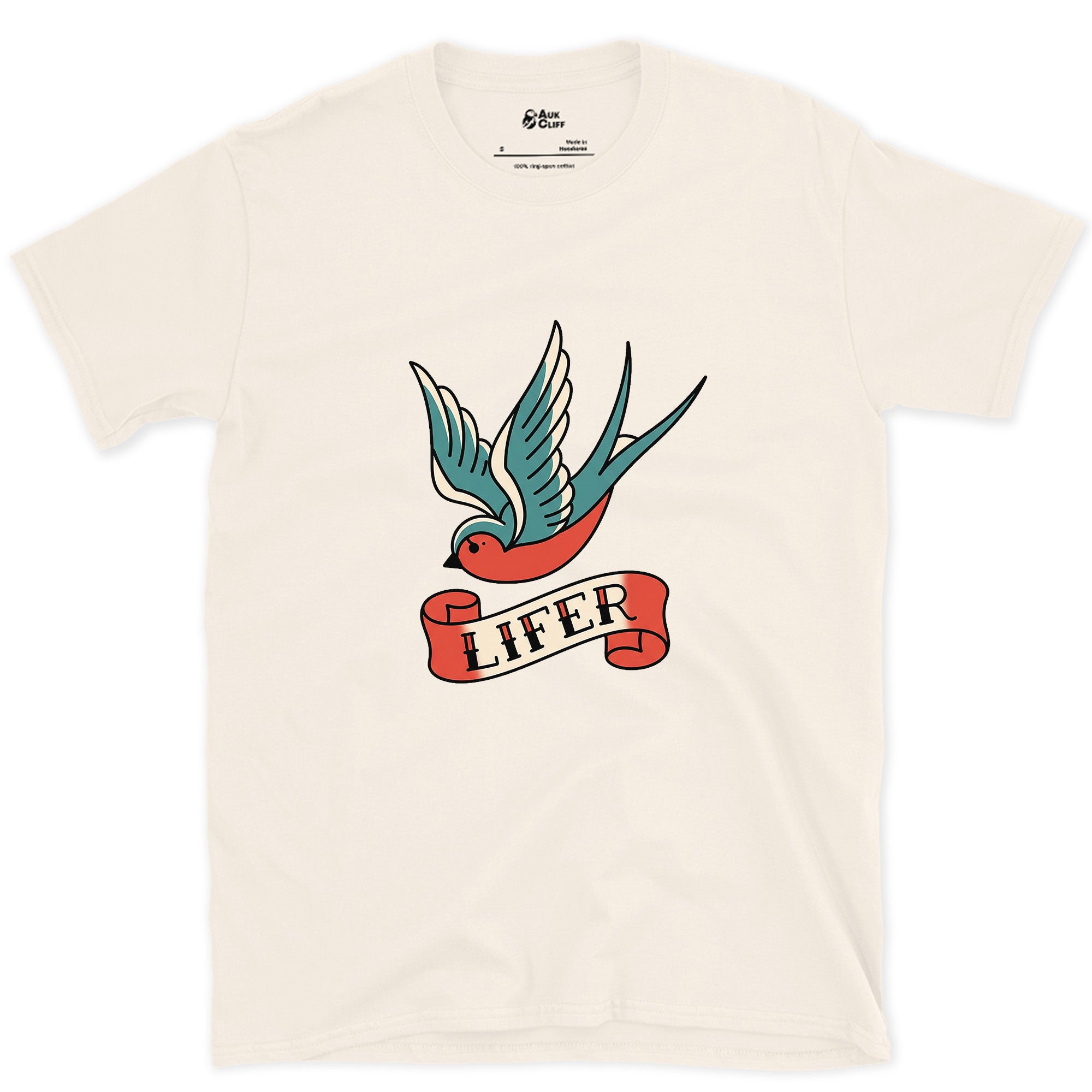 Lifer, Swallow With Wings Spread Wide design on a Natural Gildan Softstyle t-shirt