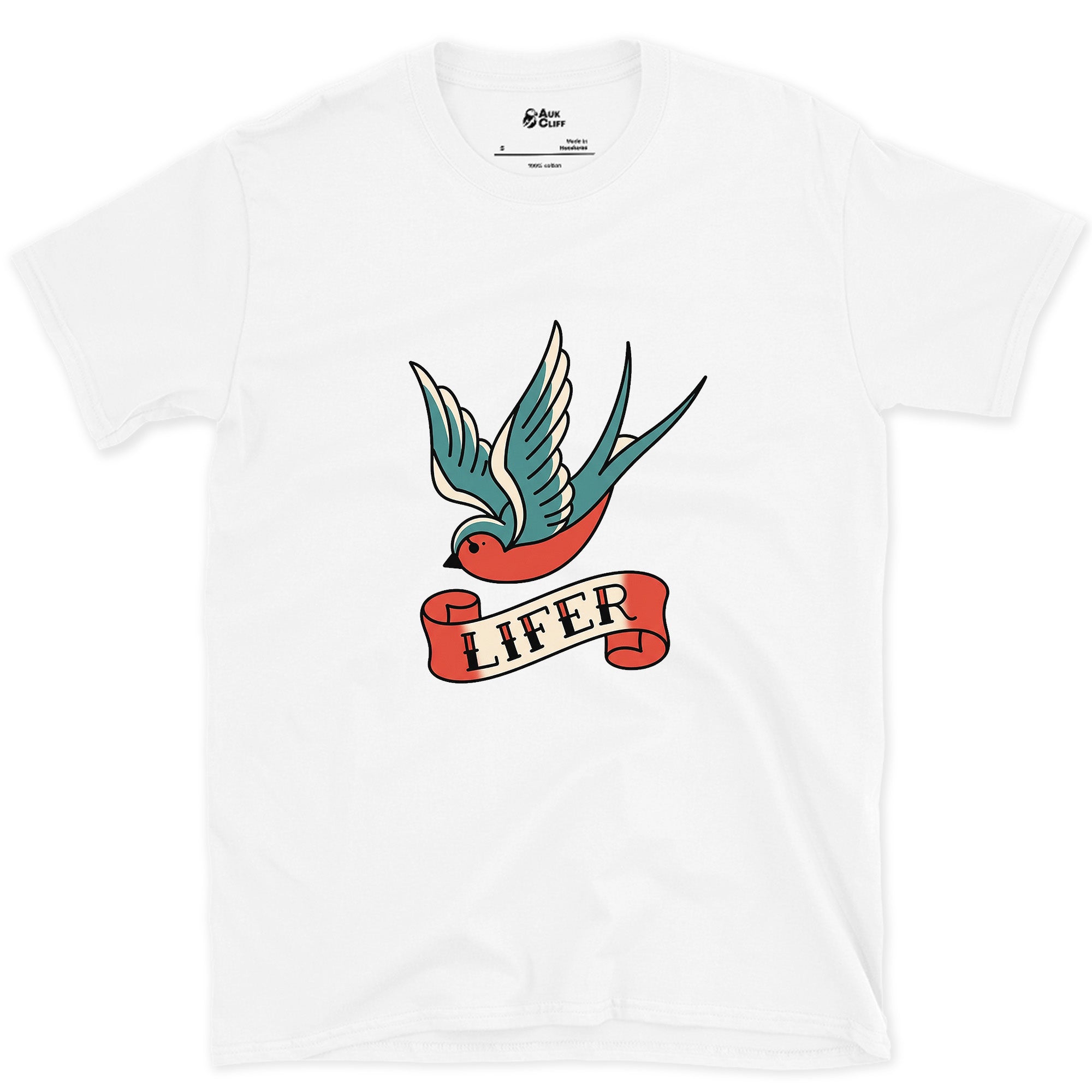 Lifer, Swallow With Wings Spread Wide design on a White Gildan Softstyle t-shirt