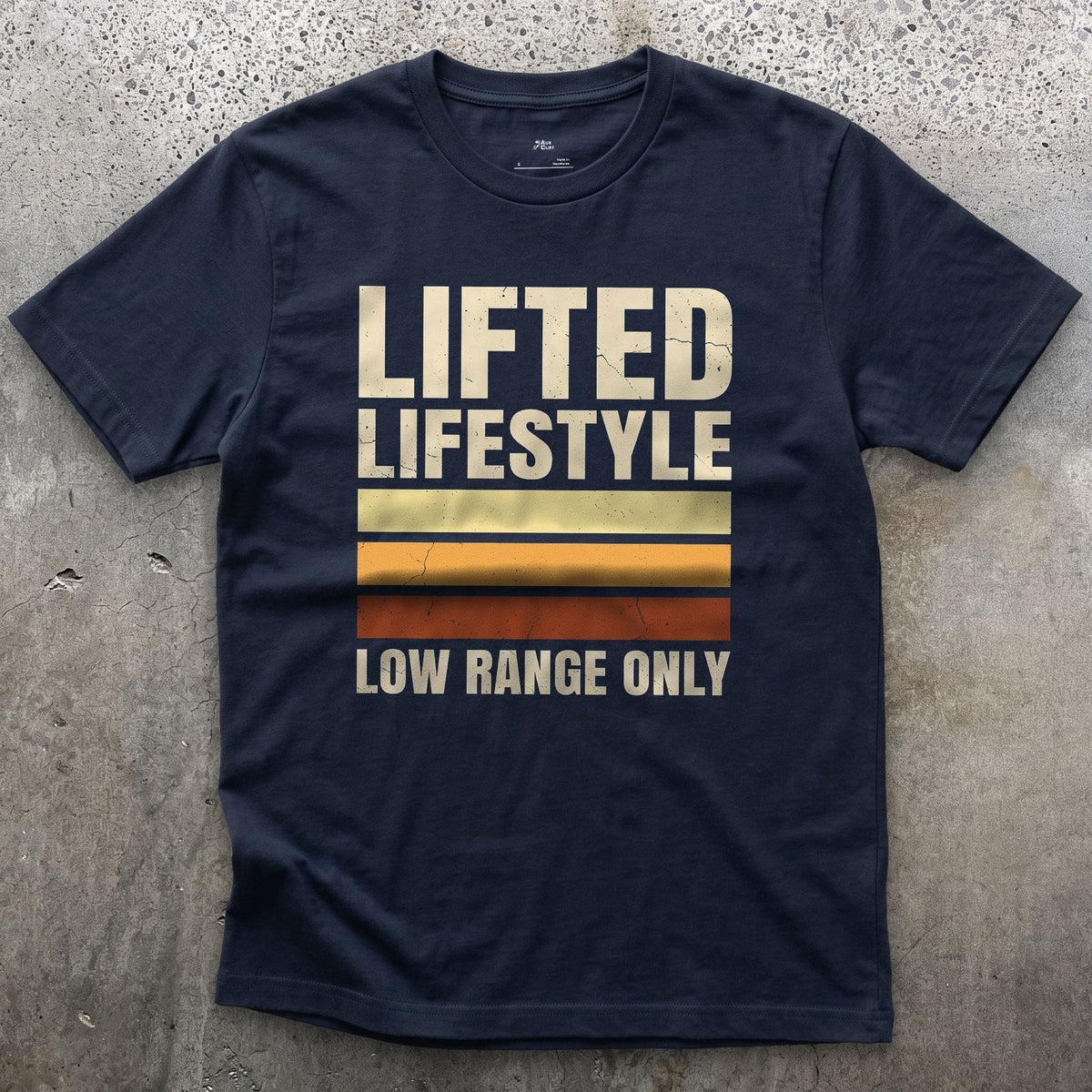 Lifted Lifestyle, Low Range Only design on a Navy Gildan Softstyle t-shirt